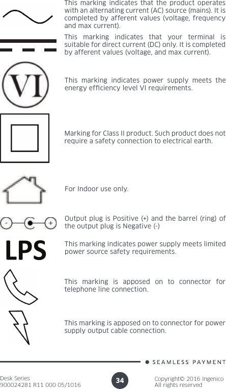 Desk Series900024281 R11 000 05/1016Copyright© 2016 IngenicoAll rights reserved34This marking indicates that the product operates with an alternating current (AC) source (mains). It is completed by afferent values (voltage, frequency and max current).This marking indicates that your terminal is suitable for direct current (DC) only. It is completed by afferent values (voltage, and max current).Marking for Class II product. Such product does not require a safety connection to electrical earth.For Indoor use only.Output plug is Positive (+) and the barrel (ring) of the output plug is Negative (-)This marking indicates power supply meets limited power source safety requirements. This marking is apposed on to connector for telephone line connection.This marking is apposed on to connector for power supply output cable connection.This marking indicates power supply meets the energy ef ciency level VI requirements.