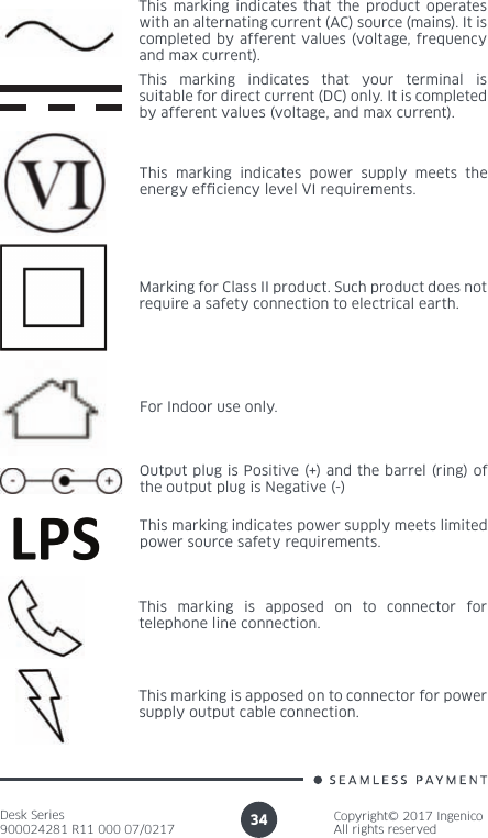 Desk Series900024281 R11 000 07/0217Copyright© 2017 IngenicoAll rights reserved34This marking indicates that the product operates with an alternating current (AC) source (mains). It is completed by afferent values (voltage, frequency and max current).This marking indicates that your terminal is suitable for direct current (DC) only. It is completed by afferent values (voltage, and max current).Marking for Class II product. Such product does not require a safety connection to electrical earth.For Indoor use only.Output plug is Positive (+) and the barrel (ring) of the output plug is Negative (-)This marking indicates power supply meets limited power source safety requirements. This marking is apposed on to connector for telephone line connection.This marking is apposed on to connector for power supply output cable connection.This marking indicates power supply meets the energy ef ciency level VI requirements.