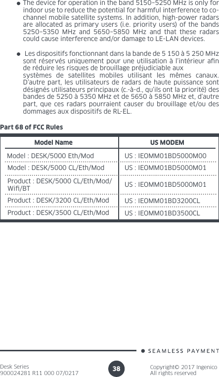 Desk Series900024281 R11 000 07/0217Copyright© 2017 IngenicoAll rights reserved38Part 68 of FCC RulesModel NameModel : DESK/5000 Eth/ModUS MODEM Model : DESK/5000 CL/Eth/ModProduct : DESK/5000 CL/Eth/Mod/Wi/BTProduct : DESK/3200 CL/Eth/ModProduct : DESK/3500 CL/Eth/ModUS : IEOMM01BD5000M00US : IEOMM01BD5000M01US : IEOMM01BD5000M01US : IEOMM01BD3200CLUS : IEOMM01BD3500CLThe device for operation in the band 5150–5250 MHz is only for indoor use to reduce the potential for harmful interference to co-channel mobile satellite systems. In addition, high-power radars are allocated as primary users (i.e. priority users) of the bands 5250–5350 MHz and 5650–5850 MHz and that these radars could cause interference and/or damage to LE-LAN devices. Les dispositifs fonctionnant dans la bande de 5 150 à 5 250 MHz sont réservés uniquement pour une utilisation à l’intérieur an de réduire les risques de brouillage préjudiciable aux systèmes de satellites mobiles utilisant les mêmes canaux. D’autre part, les utilisateurs de radars de haute puissance sont désignés utilisateurs principaux (c.-à-d., qu’ils ont la priorité) des bandes de 5250 à 5350 MHz et de 5650 à 5850 MHz et, d’autre part, que ces radars pourraient causer du brouillage et/ou des dommages aux dispositifs de RL-EL.