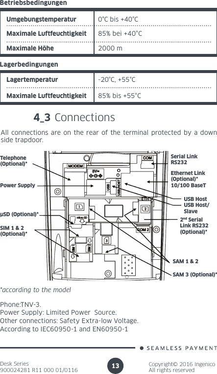 Desk Series900024281 R11 000 01/0116Copyright© 2016 IngenicoAll rights reserved13Umgebungstemperatur  0°C bis +40°CMaximale Luftfeuchtigkeit  85% bei +40°CBetriebsbedingungen2000 mMaximale HöheLagertemperatur -20°C, +55°CMaximale Luftfeuchtigkeit 85% bis +55°CLagerbedingungen4_3 ConnectionsAll connections are on the rear of the terminal protected by a down side trapdoor.Telephone (Optional)*Power SupplyµSD (Optional)*SIM 1 &amp; 2 (Optional)*Serial LinkRS232Ethernet Link(Optional)*10/100 BaseT*according to the modelPhone:TNV-3.Power Supply: Limited Power  Source.Other connections: Safety Extra-low Voltage.According to IEC60950-1 and EN60950-1USB HostUSB Host/Slave2nd SerialLink RS232(Optional)*SAM 1 &amp; 2SAM 3 (Optional)*