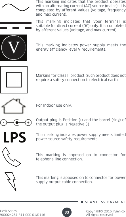 Desk Series900024281 R11 000 01/0116Copyright© 2016 IngenicoAll rights reserved33This marking indicates that the product operates with an alternating current (AC) source (mains). It is completed by afferent values (voltage, frequency and max current).This marking indicates that your terminal is suitable for direct current (DC) only. It is completed by afferent values (voltage, and max current).This marking indicates power supply meets the energy efciency level V requirements.Marking for Class II product. Such product does not require a safety connection to electrical earth.For Indoor use only.Output plug is Positive (+) and the barrel (ring) of the output plug is Negative (-)This marking indicates power supply meets limited power source safety requirements. This marking is apposed on to connector for telephone line connection.This marking is apposed on to connector for power supply output cable connection.