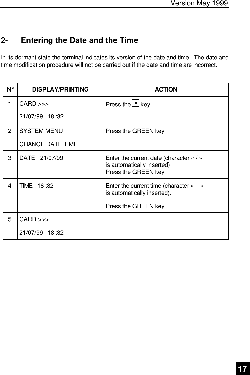 Version May 1999   17  2-  Entering the Date and the Time  In its dormant state the terminal indicates its version of the date and time.  The date and time modification procedure will not be carried out if the date and time are incorrect.   N° DISPLAY/PRINTING ACTION 1 CARD &gt;&gt;&gt; 21/07/99   18 :32 Press the   key  2 SYSTEM MENU CHANGE DATE TIME Press the GREEN key 3 DATE : 21/07/99 Enter the current date (character « / »  is automatically inserted).  Press the GREEN key 4 TIME : 18 :32 Enter the current time (character «  : »  is automatically inserted). Press the GREEN key 5 CARD &gt;&gt;&gt; 21/07/99   18 :32   