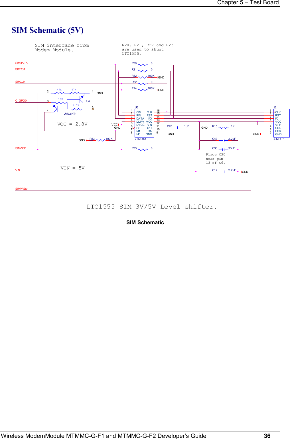 Chapter 5 – Test BoardWireless ModemModule MTMMC-G-F1 and MTMMC-G-F2 Developer’s Guide     36SIM Schematic (5V)SIM SchematicGNDVIN = 5VGNDLTC1555 SIM 3V/5V Level shifter.GNDVCC = 2.8VGNDR12 100KR22 0U6LTC155581256711109161132151443M0VINDV CCSSM1C1+C1-GNDCLKCINVCCRIN RSTI/ODDRVDA TAPlace C30near pin13 of U6.GNDC17 2.2uFSIMCLKR21 0C_GPO0C43 2.2uFR13 100KVCCVINGND GNDC28 .1uFR20, R21, R22 and R23are used to shuntLTC1555.SIM interface fromModem Module.+C30 33uFR20 0SIMV CC R23 0SIMPRES1GND4.7K10K47K47KU4UMC5NT114532SIMDA TAJ2SIM_6 P12345678VCCRSTCLKCC4GNDVPPI/0CC8R15 1KGNDSIMRSTR14 100K