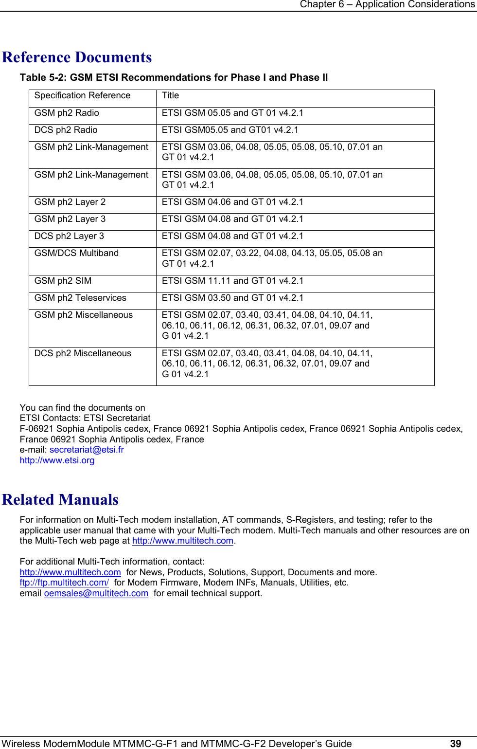 Chapter 6 – Application ConsiderationsWireless ModemModule MTMMC-G-F1 and MTMMC-G-F2 Developer’s Guide     39Reference DocumentsTable 5-2: GSM ETSI Recommendations for Phase I and Phase IISpecification Reference TitleGSM ph2 Radio ETSI GSM 05.05 and GT 01 v4.2.1DCS ph2 Radio ETSI GSM05.05 and GT01 v4.2.1GSM ph2 Link-Management ETSI GSM 03.06, 04.08, 05.05, 05.08, 05.10, 07.01 anGT 01 v4.2.1GSM ph2 Link-Management ETSI GSM 03.06, 04.08, 05.05, 05.08, 05.10, 07.01 anGT 01 v4.2.1GSM ph2 Layer 2 ETSI GSM 04.06 and GT 01 v4.2.1GSM ph2 Layer 3 ETSI GSM 04.08 and GT 01 v4.2.1DCS ph2 Layer 3 ETSI GSM 04.08 and GT 01 v4.2.1GSM/DCS Multiband ETSI GSM 02.07, 03.22, 04.08, 04.13, 05.05, 05.08 anGT 01 v4.2.1GSM ph2 SIM ETSI GSM 11.11 and GT 01 v4.2.1GSM ph2 Teleservices ETSI GSM 03.50 and GT 01 v4.2.1GSM ph2 Miscellaneous ETSI GSM 02.07, 03.40, 03.41, 04.08, 04.10, 04.11,06.10, 06.11, 06.12, 06.31, 06.32, 07.01, 09.07 andG 01 v4.2.1DCS ph2 Miscellaneous ETSI GSM 02.07, 03.40, 03.41, 04.08, 04.10, 04.11,06.10, 06.11, 06.12, 06.31, 06.32, 07.01, 09.07 andG 01 v4.2.1You can find the documents onETSI Contacts: ETSI SecretariatF-06921 Sophia Antipolis cedex, France 06921 Sophia Antipolis cedex, France 06921 Sophia Antipolis cedex,France 06921 Sophia Antipolis cedex, Francee-mail: secretariat@etsi.frhttp://www.etsi.orgRelated ManualsFor information on Multi-Tech modem installation, AT commands, S-Registers, and testing; refer to theapplicable user manual that came with your Multi-Tech modem. Multi-Tech manuals and other resources are onthe Multi-Tech web page at http://www.multitech.com.For additional Multi-Tech information, contact:http://www.multitech.com  for News, Products, Solutions, Support, Documents and more.ftp://ftp.multitech.com/  for Modem Firmware, Modem INFs, Manuals, Utilities, etc.email oemsales@multitech.com  for email technical support.