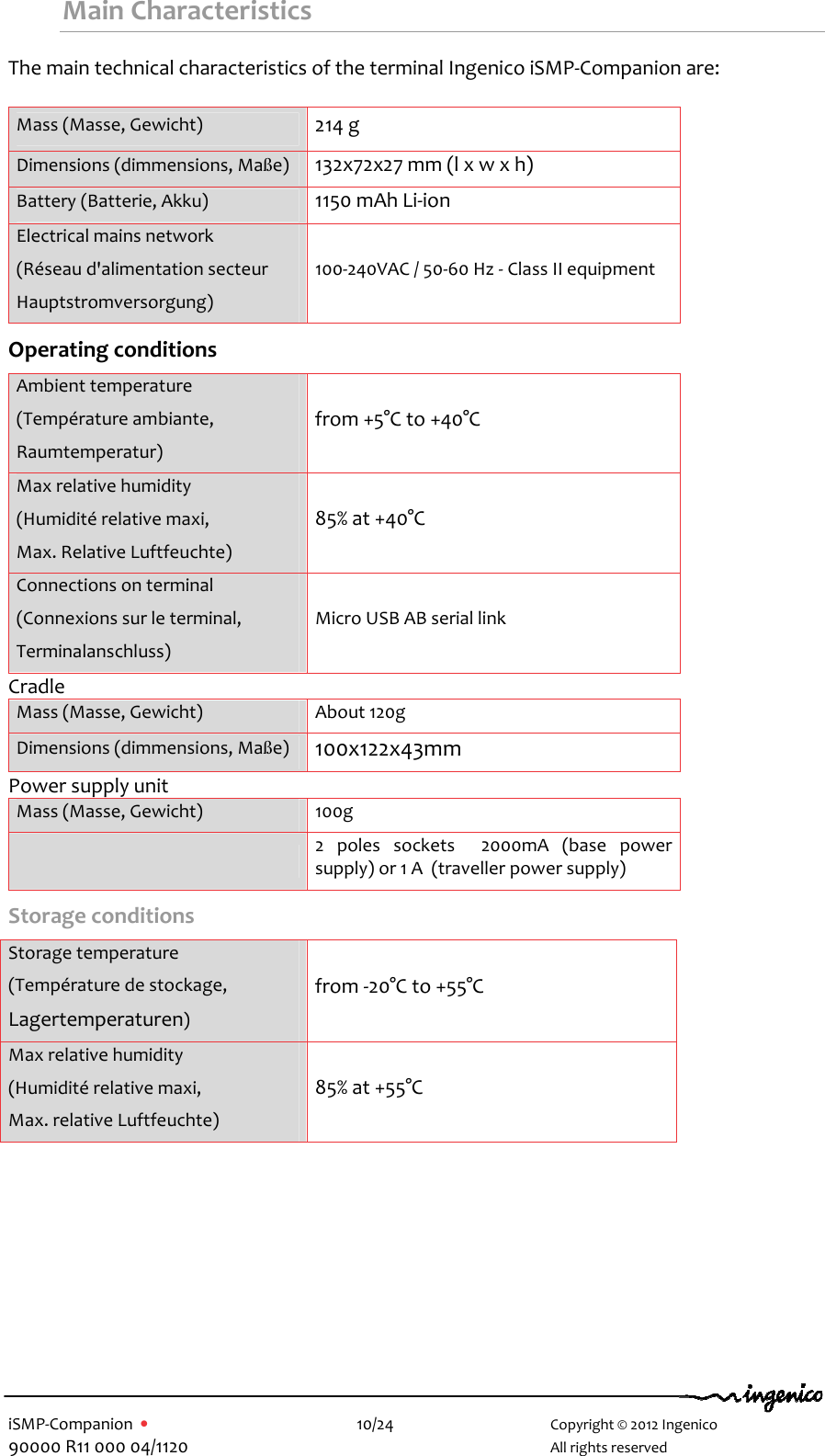   iSMP-Companion  •    10/24       Copyright © 2012 Ingenico 90000 R11 000 04/1120       All rights reserved  Main Characteristics The main technical characteristics of the terminal Ingenico iSMP-Companion are:  Mass (Masse, Gewicht) 214 g  Dimensions (dimmensions, Maße) 132x72x27 mm (l x w x h) Battery (Batterie, Akku) 1150 mAh Li-ion Electrical mains network (Réseau d&apos;alimentation secteur Hauptstromversorgung) 100-240VAC / 50-60 Hz - Class II equipment Operating conditions  Ambient temperature (Température ambiante, Raumtemperatur) from +5°C to +40°C  Max relative humidity (Humidité relative maxi, Max. Relative Luftfeuchte) 85% at +40°C Connections on terminal (Connexions sur le terminal, Terminalanschluss) Micro USB AB serial link Cradle  Mass (Masse, Gewicht)  About 120g Dimensions (dimmensions, Maße) 100x122x43mm  Power supply unit Mass (Masse, Gewicht)  100g  2  poles  sockets    2000mA  (base  power supply) or 1 A  (traveller power supply) Storage conditions  Storage temperature (Température de stockage, Lagertemperaturen) from -20°C to +55°C Max relative humidity (Humidité relative maxi, Max. relative Luftfeuchte) 85% at +55°C   