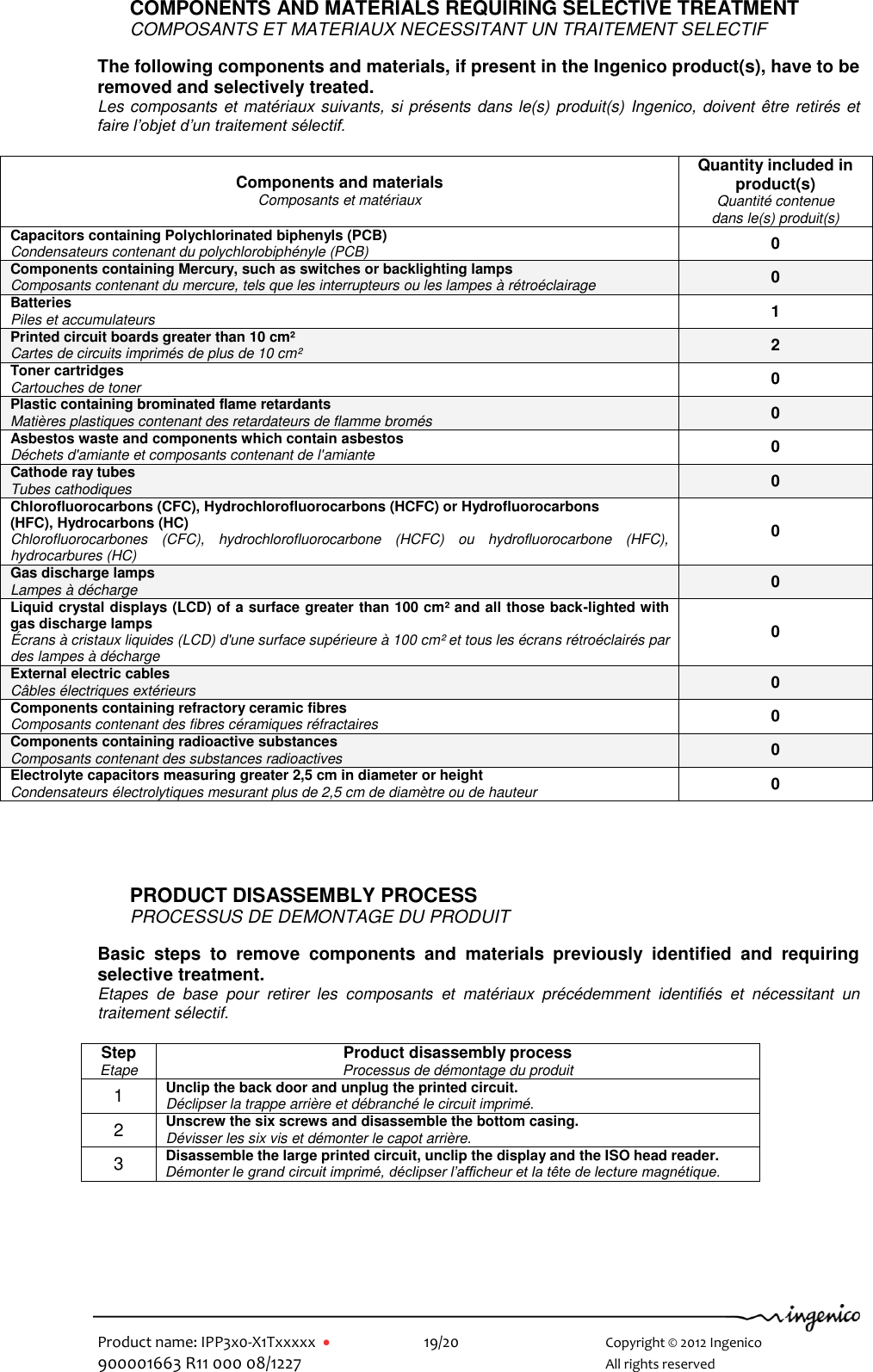   Product name: IPP3x0-X1Txxxxx      19/20        Copyright © 2012 Ingenico 900001663 R11 000 08/1227        All rights reserved  COMPONENTS AND MATERIALS REQUIRING SELECTIVE TREATMENT COMPOSANTS ET MATERIAUX NECESSITANT UN TRAITEMENT SELECTIF  The following components and materials, if present in the Ingenico product(s), have to be removed and selectively treated. Les composants et matériaux suivants, si présents dans le(s) produit(s) Ingenico, doivent être retirés et faire l’objet d’un traitement sélectif.  Components and materials  Composants et matériaux Quantity included in product(s) Quantité contenue dans le(s) produit(s) Capacitors containing Polychlorinated biphenyls (PCB) Condensateurs contenant du polychlorobiphényle (PCB) 0 Components containing Mercury, such as switches or backlighting lamps Composants contenant du mercure, tels que les interrupteurs ou les lampes à rétroéclairage 0 Batteries Piles et accumulateurs 1 Printed circuit boards greater than 10 cm² Cartes de circuits imprimés de plus de 10 cm² 2 Toner cartridges Cartouches de toner 0 Plastic containing brominated flame retardants  Matières plastiques contenant des retardateurs de flamme bromés 0 Asbestos waste and components which contain asbestos  Déchets d&apos;amiante et composants contenant de l&apos;amiante 0 Cathode ray tubes Tubes cathodiques 0 Chlorofluorocarbons (CFC), Hydrochlorofluorocarbons (HCFC) or Hydrofluorocarbons  (HFC), Hydrocarbons (HC) Chlorofluorocarbones  (CFC),  hydrochlorofluorocarbone  (HCFC)  ou  hydrofluorocarbone  (HFC), hydrocarbures (HC) 0 Gas discharge lamps  Lampes à décharge 0 Liquid crystal displays (LCD) of a surface greater than 100 cm² and all those back-lighted with gas discharge lamps  Écrans à cristaux liquides (LCD) d&apos;une surface supérieure à 100 cm² et tous les écrans rétroéclairés par des lampes à décharge 0 External electric cables  Câbles électriques extérieurs 0 Components containing refractory ceramic fibres  Composants contenant des fibres céramiques réfractaires 0 Components containing radioactive substances  Composants contenant des substances radioactives 0 Electrolyte capacitors measuring greater 2,5 cm in diameter or height  Condensateurs électrolytiques mesurant plus de 2,5 cm de diamètre ou de hauteur 0     PRODUCT DISASSEMBLY PROCESS PROCESSUS DE DEMONTAGE DU PRODUIT   Basic  steps  to  remove  components  and  materials  previously  identified  and  requiring selective treatment. Etapes  de  base  pour  retirer  les  composants  et  matériaux  précédemment  identifiés  et  nécessitant  un traitement sélectif.  Step  Etape Product disassembly process  Processus de démontage du produit 1 Unclip the back door and unplug the printed circuit. Déclipser la trappe arrière et débranché le circuit imprimé. 2 Unscrew the six screws and disassemble the bottom casing. Dévisser les six vis et démonter le capot arrière. 3 Disassemble the large printed circuit, unclip the display and the ISO head reader. Démonter le grand circuit imprimé, déclipser l’afficheur et la tête de lecture magnétique.   