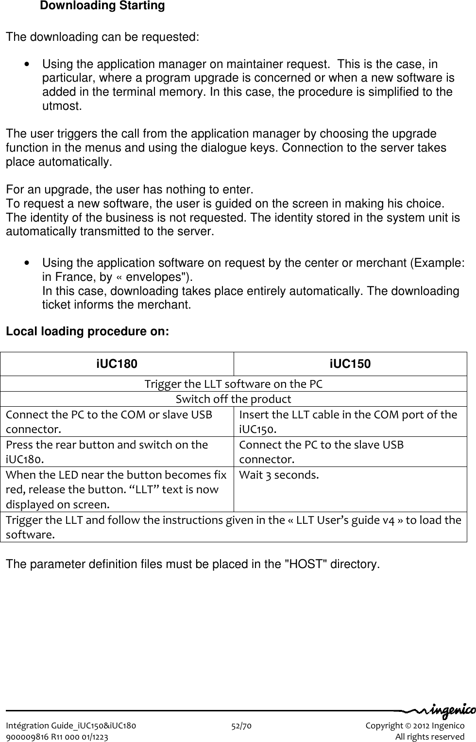   Intégration Guide_iUC150&amp;iUC180                        52/70    Copyright © 2012 Ingenico 900009816 R11 000 01/1223    All rights reserved Downloading Starting  The downloading can be requested:   •  Using the application manager on maintainer request.  This is the case, in particular, where a program upgrade is concerned or when a new software is added in the terminal memory. In this case, the procedure is simplified to the utmost.  The user triggers the call from the application manager by choosing the upgrade function in the menus and using the dialogue keys. Connection to the server takes place automatically.  For an upgrade, the user has nothing to enter. To request a new software, the user is guided on the screen in making his choice. The identity of the business is not requested. The identity stored in the system unit is automatically transmitted to the server.   •  Using the application software on request by the center or merchant (Example: in France, by « envelopes&quot;).  In this case, downloading takes place entirely automatically. The downloading ticket informs the merchant.   Local loading procedure on:   iUC180  iUC150 Trigger the LLT software on the PC Switch off the product Connect the PC to the COM or slave USB connector. Insert the LLT cable in the COM port of the iUC150. Press the rear button and switch on the iUC180. Connect the PC to the slave USB connector. When the LED near the button becomes fix red, release the button. “LLT” text is now displayed on screen. Wait 3 seconds. Trigger the LLT and follow the instructions given in the « LLT User’s guide v4 » to load the software.  The parameter definition files must be placed in the &quot;HOST&quot; directory.   