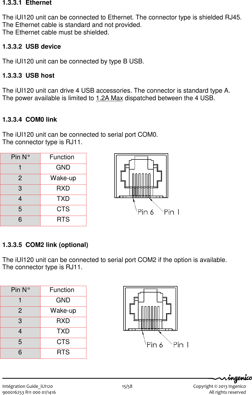   Intégration Guide_iUI120                        15/58    Copyright © 2013 Ingenico 900016253 R11 000 01/1416    All rights reserved 1.3.3.1  Ethernet   The iUI120 unit can be connected to Ethernet. The connector type is shielded RJ45. The Ethernet cable is standard and not provided. The Ethernet cable must be shielded.  1.3.3.2  USB device  The iUI120 unit can be connected by type B USB.  1.3.3.3  USB host  The iUI120 unit can drive 4 USB accessories. The connector is standard type A. The power available is limited to 1.2A Max dispatched between the 4 USB.    1.3.3.4  COM0 link  The iUI120 unit can be connected to serial port COM0.  The connector type is RJ11.  Pin N°  Function 1  GND 2  Wake-up 3  RXD 4  TXD 5  CTS 6  RTS   1.3.3.5  COM2 link (optional)  The iUI120 unit can be connected to serial port COM2 if the option is available.  The connector type is RJ11.   Pin N°  Function 1  GND 2  Wake-up 3  RXD 4  TXD 5  CTS 6  RTS  