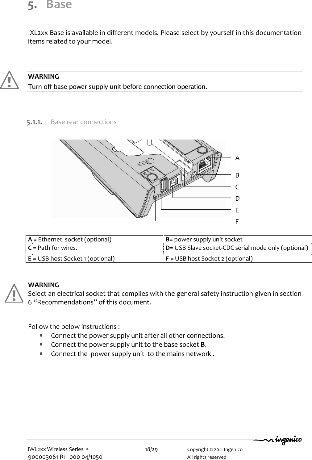  iWL2xx Wireless Series  •    18/29    Copyright © 2011 Ingenico 900003061 R11 000 04/1050      All rights reserved  5. Base  IXL2xx Base is available in different models. Please select by yourself in this documentation items related to your model.    WARNING Turn off base power supply unit before connection operation.   5.1.1. Base rear connections                WARNING Select an electrical socket that complies with the general safety instruction given in section 6 “Recommendations” of this document.   Follow the below instructions : • Connect the power supply unit after all other connections. • Connect the power supply unit to the base socket B. • Connect the  power supply unit  to the mains network .  A = Ethernet  socket (optional)  B= power supply unit socket C = Path for wires.   D= USB Slave socket-CDC serial mode only (optional) E = USB host Socket 1 (optional)  F = USB host Socket 2 (optional)   A B C E D F 
