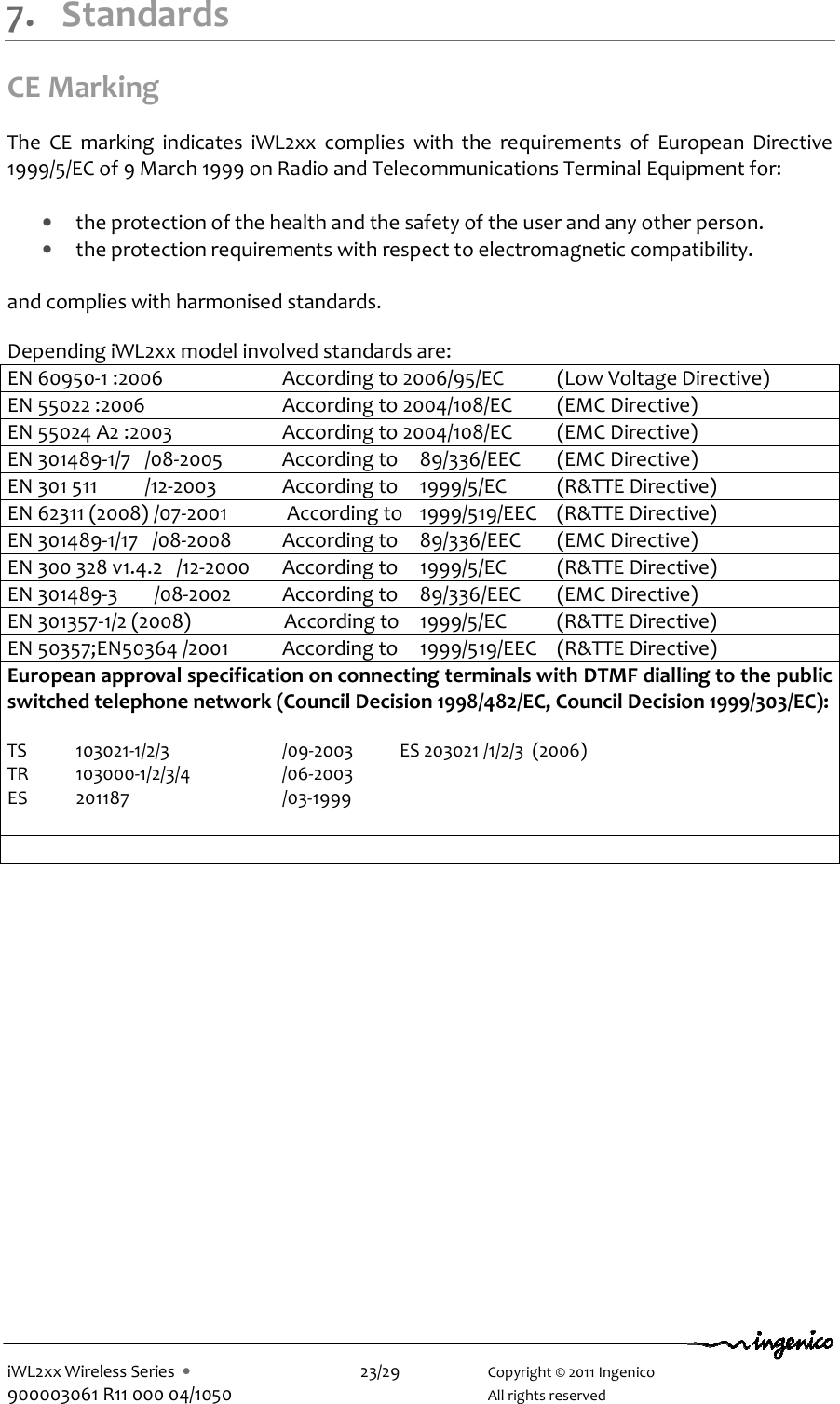  iWL2xx Wireless Series  •    23/29    Copyright © 2011 Ingenico 900003061 R11 000 04/1050      All rights reserved  7. Standards CE Marking  The  CE  marking  indicates  iWL2xx  complies  with  the  requirements  of  European  Directive 1999/5/EC of 9 March 1999 on Radio and Telecommunications Terminal Equipment for:  • the protection of the health and the safety of the user and any other person. • the protection requirements with respect to electromagnetic compatibility.  and complies with harmonised standards.  Depending iWL2xx model involved standards are: EN 60950-1 :2006    According to 2006/95/EC  (Low Voltage Directive) EN 55022 :2006    According to 2004/108/EC  (EMC Directive) EN 55024 A2 :2003     According to 2004/108/EC  (EMC Directive) EN 301489-1/7  /08-2005  According to  89/336/EEC  (EMC Directive) EN 301 511  /12-2003  According to  1999/5/EC  (R&amp;TTE Directive) EN 62311 (2008) /07-2001  According to  1999/519/EEC  (R&amp;TTE Directive) EN 301489-1/17   /08-2008  According to  89/336/EEC  (EMC Directive) EN 300 328 v1.4.2   /12-2000  According to  1999/5/EC  (R&amp;TTE Directive) EN 301489-3    /08-2002  According to  89/336/EEC  (EMC Directive) EN 301357-1/2 (2008)                    According to  1999/5/EC  (R&amp;TTE Directive) EN 50357;EN50364 /2001  According to  1999/519/EEC  (R&amp;TTE Directive) European approval specification on connecting terminals with DTMF dialling to the public switched telephone network (Council Decision 1998/482/EC, Council Decision 1999/303/EC):  TS  103021-1/2/3    /09-2003           ES 203021 /1/2/3  (2006) TR  103000-1/2/3/4    /06-2003 ES  201187      /03-1999          