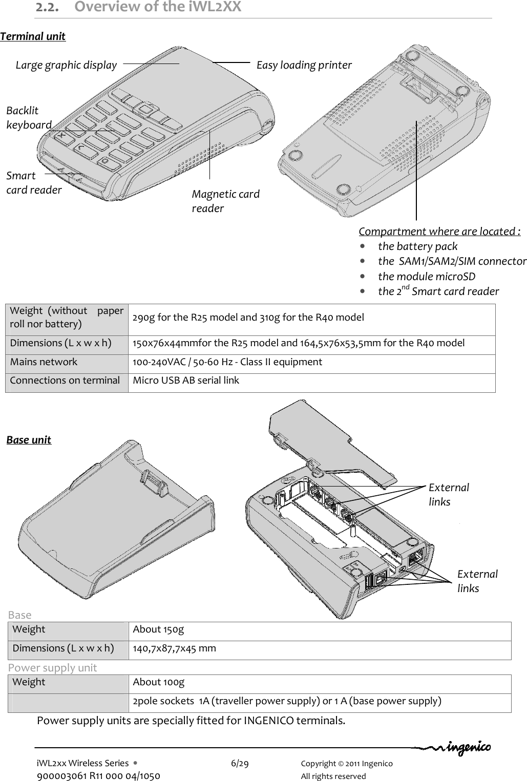  iWL2xx Wireless Series  •    6/29    Copyright © 2011 Ingenico 900003061 R11 000 04/1050      All rights reserved 2.2. Overview of the iWL2XX                                    Base  Weight  About 150g Dimensions (L x w x h)  140,7x87,7x45 mm  Power supply unit Weight  About 100g   2pole sockets  1A (traveller power supply) or 1 A (base power supply) Power supply units are specially fitted for INGENICO terminals. Weight  (without    paper roll nor battery)  290g for the R25 model and 310g for the R40 model Dimensions (L x w x h)  150x76x44mmfor the R25 model and 164,5x76x53,5mm for the R40 model  Mains network  100-240VAC / 50-60 Hz - Class II equipment Connections on terminal  Micro USB AB serial link Backlit keyboard Smart card reader Easy loading printer Large graphic display  Magnetic card reader Compartment where are located :  • the battery pack  • the  SAM1/SAM2/SIM connector • the module microSD • the 2nd Smart card reader Terminal unit External links  External links  Base unit 