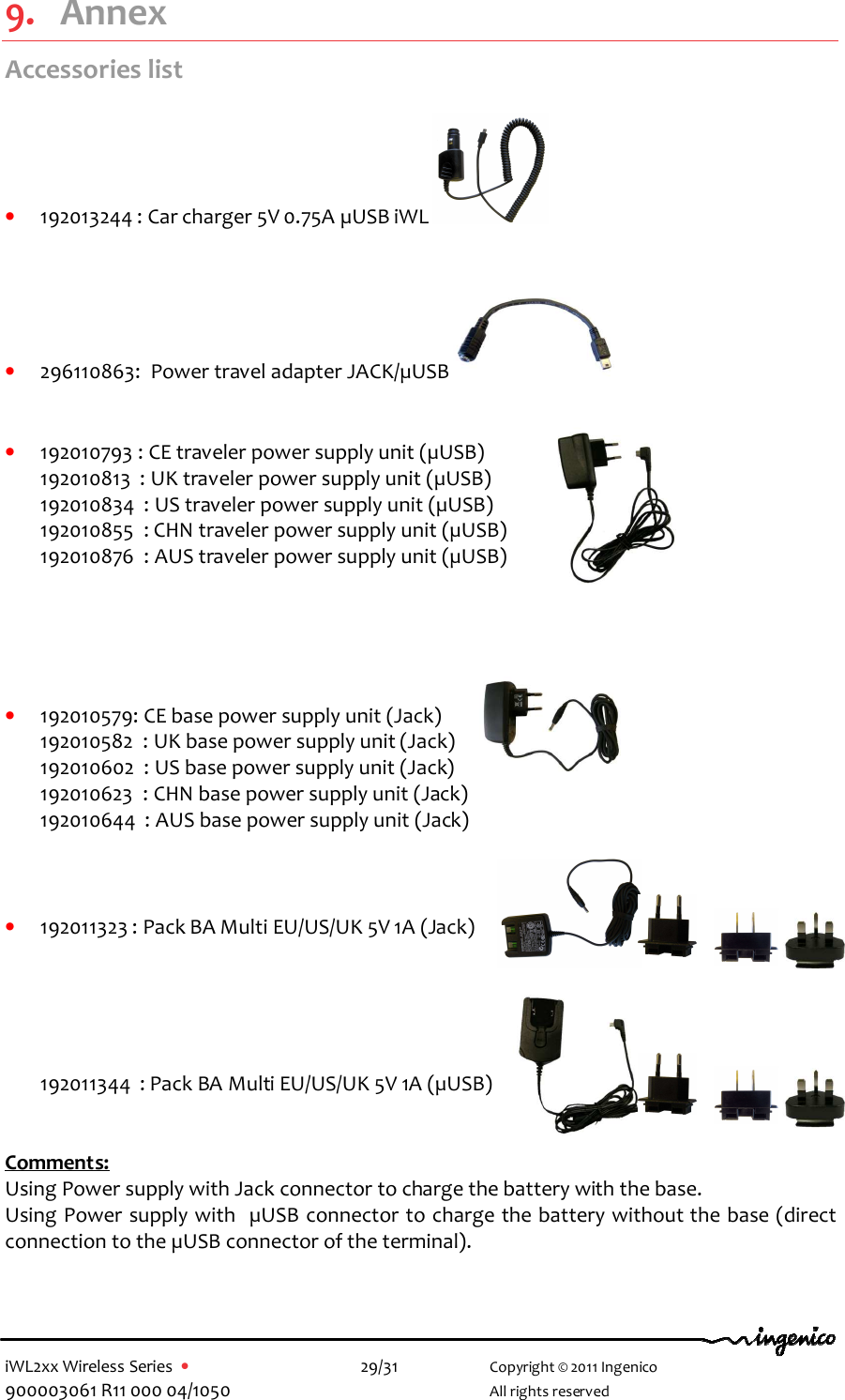  iWL2xx Wireless Series  •    29/31   Copyright © 2011 Ingenico 900003061 R11 000 04/1050     All rights reserved  9. Annex Accessories list  • 192013244 : Car charger 5V 0.75A µUSB iWL     • 296110863:  Power travel adapter JACK/µUSB     • 192010793 : CE traveler power supply unit (µUSB) 192010813  : UK traveler power supply unit (µUSB) 192010834  : US traveler power supply unit (µUSB) 192010855  : CHN traveler power supply unit (µUSB) 192010876  : AUS traveler power supply unit (µUSB)      • 192010579: CE base power supply unit (Jack) 192010582  : UK base power supply unit (Jack) 192010602  : US base power supply unit (Jack) 192010623  : CHN base power supply unit (Jack) 192010644  : AUS base power supply unit (Jack)    • 192011323 : Pack BA Multi EU/US/UK 5V 1A (Jack)      192011344  : Pack BA Multi EU/US/UK 5V 1A (µUSB)   Comments: Using Power supply with Jack connector to charge the battery with the base. Using Power supply with  µUSB connector to charge the battery without the base (direct connection to the µUSB connector of the terminal).  