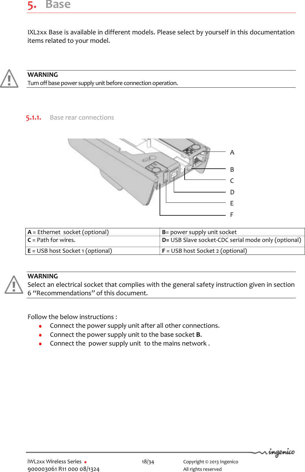  iWL2xx Wireless Series       18/34    Copyright © 2013 Ingenico 900003061 R11 000 08/1324      All rights reserved  5. Base  IXL2xx Base is available in different models. Please select by yourself in this documentation items related to your model.    WARNING Turn off base power supply unit before connection operation.   5.1.1. Base rear connections             WARNING Select an electrical socket that complies with the general safety instruction given in section 6 “Recommendations” of this document.   Follow the below instructions :  Connect the power supply unit after all other connections.  Connect the power supply unit to the base socket B.  Connect the  power supply unit  to the mains network .  A = Ethernet  socket (optional) B= power supply unit socket C = Path for wires.  D= USB Slave socket-CDC serial mode only (optional) E = USB host Socket 1 (optional) F = USB host Socket 2 (optional)   A B C E D F 