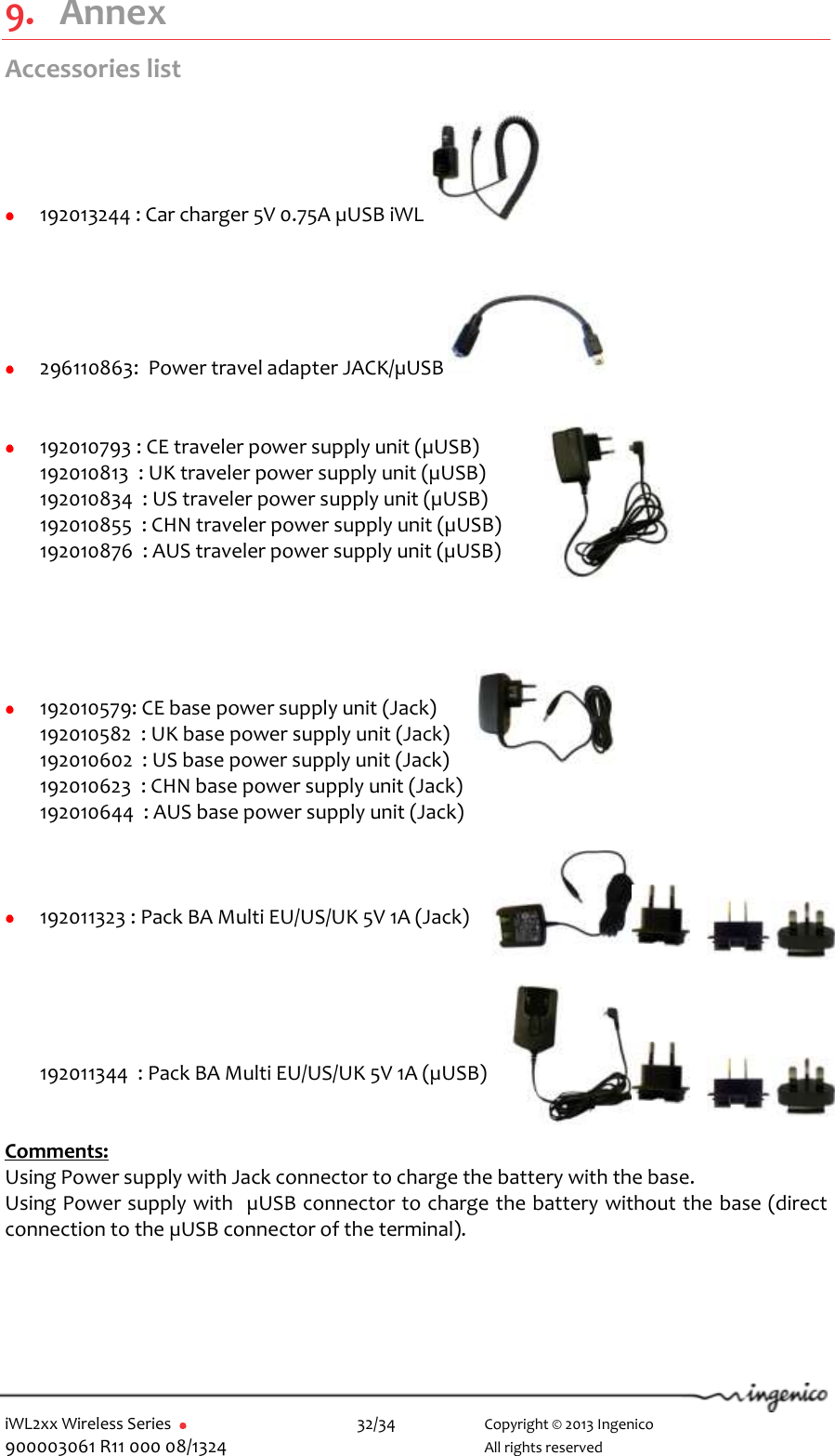  iWL2xx Wireless Series       32/34    Copyright © 2013 Ingenico 900003061 R11 000 08/1324      All rights reserved  9. Annex Accessories list   192013244 : Car charger 5V 0.75A µUSB iWL      296110863:  Power travel adapter JACK/µUSB      192010793 : CE traveler power supply unit (µUSB) 192010813  : UK traveler power supply unit (µUSB) 192010834  : US traveler power supply unit (µUSB) 192010855  : CHN traveler power supply unit (µUSB) 192010876  : AUS traveler power supply unit (µUSB)       192010579: CE base power supply unit (Jack) 192010582  : UK base power supply unit (Jack) 192010602  : US base power supply unit (Jack) 192010623  : CHN base power supply unit (Jack) 192010644  : AUS base power supply unit (Jack)     192011323 : Pack BA Multi EU/US/UK 5V 1A (Jack)      192011344  : Pack BA Multi EU/US/UK 5V 1A (µUSB)   Comments: Using Power supply with Jack connector to charge the battery with the base. Using Power supply with  µUSB connector to charge the battery without the base (direct connection to the µUSB connector of the terminal).  