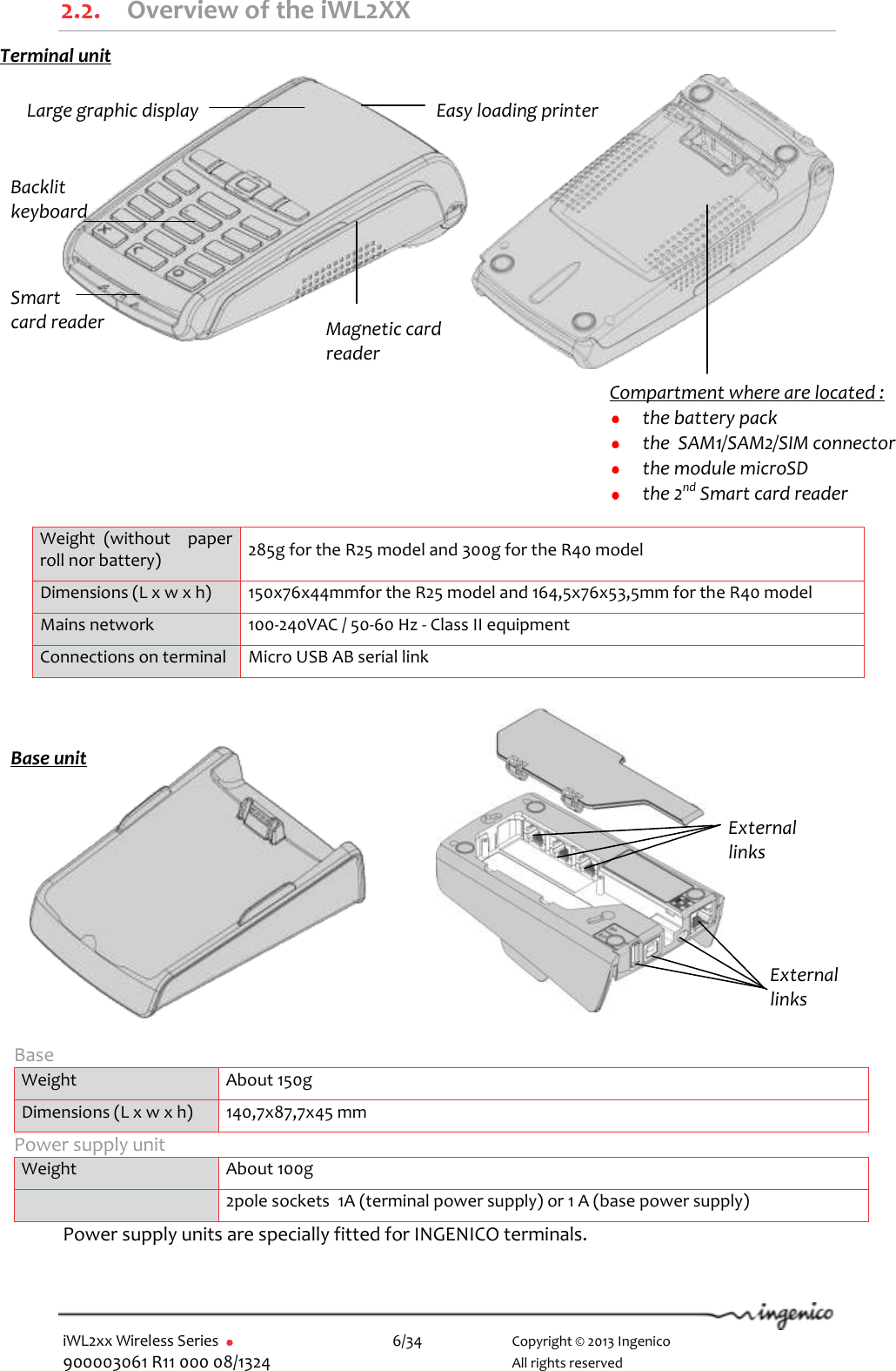  iWL2xx Wireless Series       6/34    Copyright © 2013 Ingenico 900003061 R11 000 08/1324      All rights reserved 2.2. Overview of the iWL2XX                                    Base  Weight About 150g Dimensions (L x w x h) 140,7x87,7x45 mm  Power supply unit Weight About 100g  2pole sockets  1A (terminal power supply) or 1 A (base power supply) Power supply units are specially fitted for INGENICO terminals. Weight  (without    paper roll nor battery) 285g for the R25 model and 300g for the R40 model Dimensions (L x w x h) 150x76x44mmfor the R25 model and 164,5x76x53,5mm for the R40 model  Mains network 100-240VAC / 50-60 Hz - Class II equipment Connections on terminal Micro USB AB serial link Backlit keyboard Smart card reader Easy loading printer Large graphic display  Magnetic card reader Compartment where are located :   the battery pack   the  SAM1/SAM2/SIM connector  the module microSD  the 2nd Smart card reader Terminal unit Base unit External links  External links  