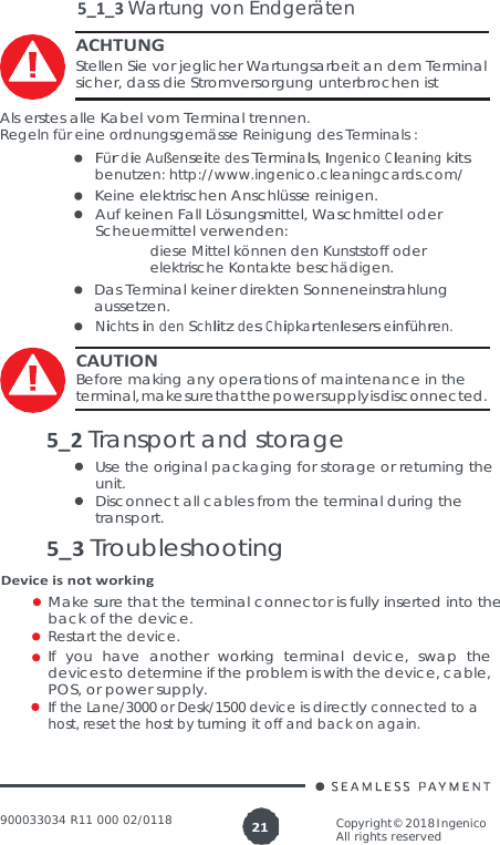 Page 21 of Ingenico LANE3000CL Standalone Payment terminal User Manual 900033034  R11 000 02 indd