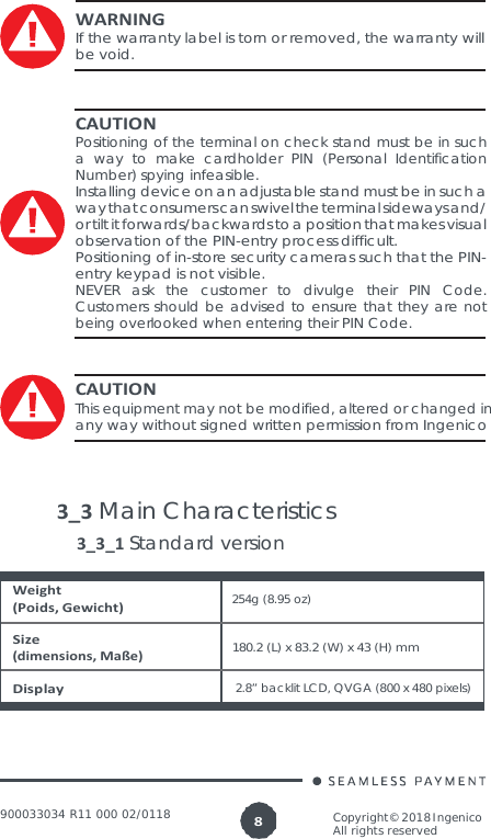 Page 8 of Ingenico LANE3000CL Standalone Payment terminal User Manual 900033034  R11 000 02 indd
