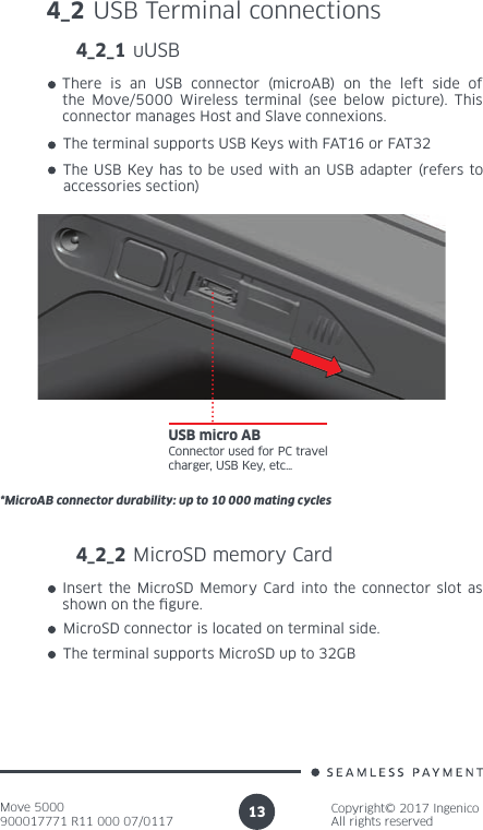 Move 5000900017771 R11 000 07/0117Copyright© 2017 IngenicoAll rights reserved134_2 USB Terminal connections4_2_1 uUSBThere is an USB connector (microAB) on the left side of the Move/5000 Wireless terminal (see below picture). This connector manages Host and Slave connexions.The terminal supports USB Keys with FAT16 or FAT32The USB Key has to be used with an USB adapter (refers to accessories section)USB micro ABConnector used for PC travel charger, USB Key, etc… *MicroAB connector durability: up to 10 000 mating cycles4_2_2 MicroSD memory CardInsert the MicroSD Memory Card into the connector slot as shown on the gure. MicroSD connector is located on terminal side.The terminal supports MicroSD up to 32GB