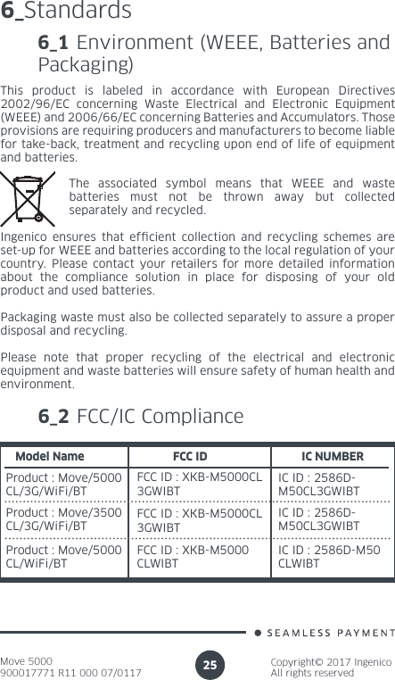 Move 5000900017771 R11 000 07/0117Copyright© 2017 IngenicoAll rights reserved256_Standards6_1 Environment (WEEE, Batteries and Packaging)This product is labeled in accordance with European Directives 2002/96/EC concerning Waste Electrical and Electronic Equipment (WEEE) and 2006/66/EC concerning Batteries and Accumulators. Those provisions are requiring producers and manufacturers to become liable for take-back, treatment and recycling upon end of life of equipment and batteries.The associated symbol means that WEEE and waste batteries must not be thrown away but collected separately and recycled.Ingenico ensures that efcient collection and recycling schemes are set-up for WEEE and batteries according to the local regulation of your country. Please contact your retailers for more detailed information about the compliance solution in place for disposing of your old product and used batteries.Packaging waste must also be collected separately to assure a proper disposal and recycling. Please note that proper recycling of the electrical and electronic equipment and waste batteries will ensure safety of human health and environment.6_2 FCC/IC ComplianceModel NameProduct : Move/5000CL/3G/WiFi/BTFCC ID IC NUMBERProduct : Move/3500CL/3G/WiFi/BTProduct : Move/5000CL/WiFi/BT3GWIBTFCC ID : XKB-M5000CLFCC ID : XKB-M5000CLWIBTIC ID : 2586D-M50CL3GWIBTIC ID : 2586D-M50CL3GWIBTIC ID : 2586D-M50CLWIBTFCC ID : XKB-M5000CL3GWIBT