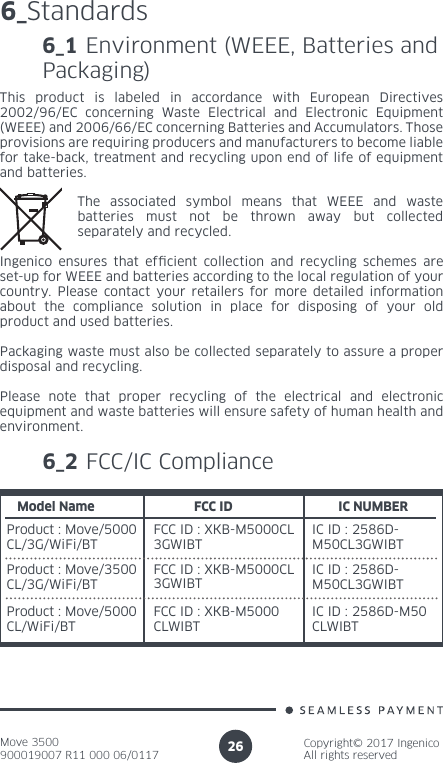 Move 3500900019007 R11 000 06/0117Copyright© 2017 IngenicoAll rights reserved266_StandardsThis product is labeled in accordance with European Directives 2002/96/EC concerning Waste Electrical and Electronic Equipment (WEEE) and 2006/66/EC concerning Batteries and Accumulators. Those provisions are requiring producers and manufacturers to become liable for take-back, treatment and recycling upon end of life of equipment and batteries.The associated symbol means that WEEE and waste batteries must not be thrown away but collected separately and recycled.Ingenico ensures that efcient collection and recycling schemes are set-up for WEEE and batteries according to the local regulation of your country. Please contact your retailers for more detailed information about the compliance solution in place for disposing of your old product and used batteries.Packaging waste must also be collected separately to assure a proper disposal and recycling. Please note that proper recycling of the electrical and electronic equipment and waste batteries will ensure safety of human health and environment.6_1 Environment (WEEE, Batteries and Packaging)6_2 FCC/IC ComplianceModel NameProduct : Move/5000CL/3G/WiFi/BTFCC ID IC NUMBERProduct : Move/3500CL/3G/WiFi/BTProduct : Move/5000CL/WiFi/BTFCC ID : XKB-M5000CLFCC ID : XKB-M5000CLWIBTIC ID : 2586D-M50CL3GWIBTIC ID : 2586D-M50CL3GWIBTIC ID : 2586D-M50CLWIBT3GWIBTFCC ID : XKB-M5000CL3GWIBT
