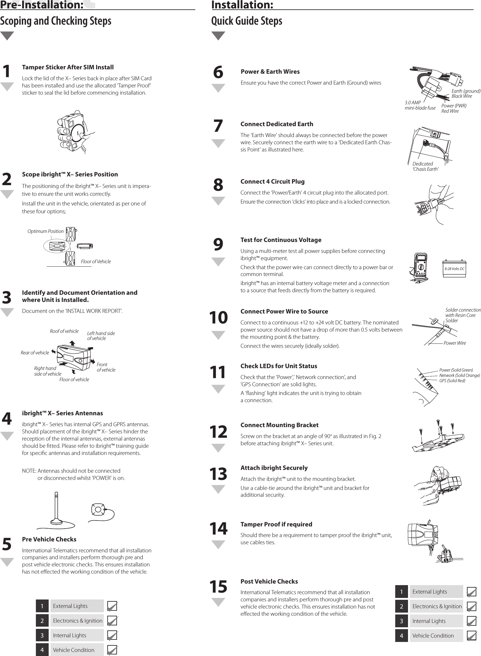 Tamper Sticker After SIM Install LockthelidoftheX–SeriesbackinplaceafterSIMCardhasbeeninstalledandusetheallocated‘TamperProof’stickertosealthelidbeforecommencinginstallation.Scope ibright™ X– Series Position Thepositioningoftheibright™X–Seriesunitisimpera-tivetoensuretheunitworkscorrectly.Installtheunitinthevehicle,orientatedasperoneofthesefouroptions;Identify and Document Orientation and where Unit is Installed.Documentonthe‘INSTALLWORKREPORT’.ibright™ X– Series Antennas ibright™X–SerieshasinternalGPSandGPRSantennas.Shouldplacementoftheibright™X–Serieshinderthereceptionoftheinternalantennas,externalantennasshouldbetted.Pleaserefertoibright™trainingguideforspecicantennasandinstallationrequirements.NOTE:Antennasshouldnotbeconnectedordisconnectedwhilst‘POWER’ison.1ExternalLights2Electronics&amp;Ignition3InternalLights4VehicleCondition1ExternalLights2Electronics&amp;Ignition3InternalLights4VehicleConditionPre Vehicle Checks InternationalTelematicsrecommendthatallinstallationcompaniesandinstallersperformthoroughpreandpostvehicleelectronicchecks.Thisensuresinstallationhasnoteectedtheworkingconditionofthevehicle.Roof of vehicle Left hand side  of vehicleFront  of vehicleRight hand  side of vehicleRear of vehicleFloor of vehicleOptimum PositionFloor of Vehicle162738495101112131415Power &amp; Earth WiresEnsureyouhavethecorrectPowerandEarth(Ground)wiresConnect Dedicated Earth The‘EarthWire’shouldalwaysbeconnectedbeforethepowerwire.Securelyconnecttheearthwiretoa‘DedicatedEarthChas-sisPoint’asillustratedhere.Connect 4 Circuit Plug Connectthe‘Power/Earth’4circuitplugintotheallocatedport.Ensuretheconnection‘clicks’intoplaceandisalockedconnection.Test for Continuous Voltage Usingamulti-metertestallpowersuppliesbeforeconnectingibright™equipment.Checkthatthepowerwirecanconnectdirectlytoapowerbarorcommonterminal.ibright™hasaninternalbatteryvoltagemeterandaconnectiontoasourcethatfeedsdirectlyfromthebatteryisrequired.Connect Power Wire to Source Connecttoacontinuous+12to+24voltDCbattery.Thenominatedpowersourceshouldnothaveadropofmorethan0.5voltsbetweenthemountingpoint&amp;thebattery.Connectthewiressecurely(ideallysolder).Check LEDs for Unit Status Checkthatthe‘Power’,’Networkconnection’,and‘GPSConnection’aresolidlights.A‘ashing’lightindicatestheunitistryingtoobtainaconnection.Connect Mounting Bracket Screwonthebracketatanangleof90°asillustratedinFig.2beforeattachingibright™X–Seriesunit.Attach ibright Securely Attachtheibright™unittothemountingbracket.Useacable-tiearoundtheibright™unitandbracketforadditionalsecurity.Tamper Proof if required Shouldtherebearequirementtotamperprooftheibright™unit,usecablesties.Post Vehicle Checks InternationalTelematicsrecommendthatallinstallationcompaniesandinstallersperformthoroughpreandpostvehicleelectronicchecks.Thisensuresinstallationhasnoteectedtheworkingconditionofthevehicle.3.0 AMP  mini-blade fuseEarth (ground) Black WirePower (PWR) Red WireDedicated‘Chasis Earth’8-28 Volts DCSolder connectionwith Resin Core SolderPower WirePower (Solid Green)Network (Solid Orange)GPS (Solid Red)Pre-Installation:  Scoping and Checking StepsInstallation:  Quick Guide StepsStartRegistration and Provisioning