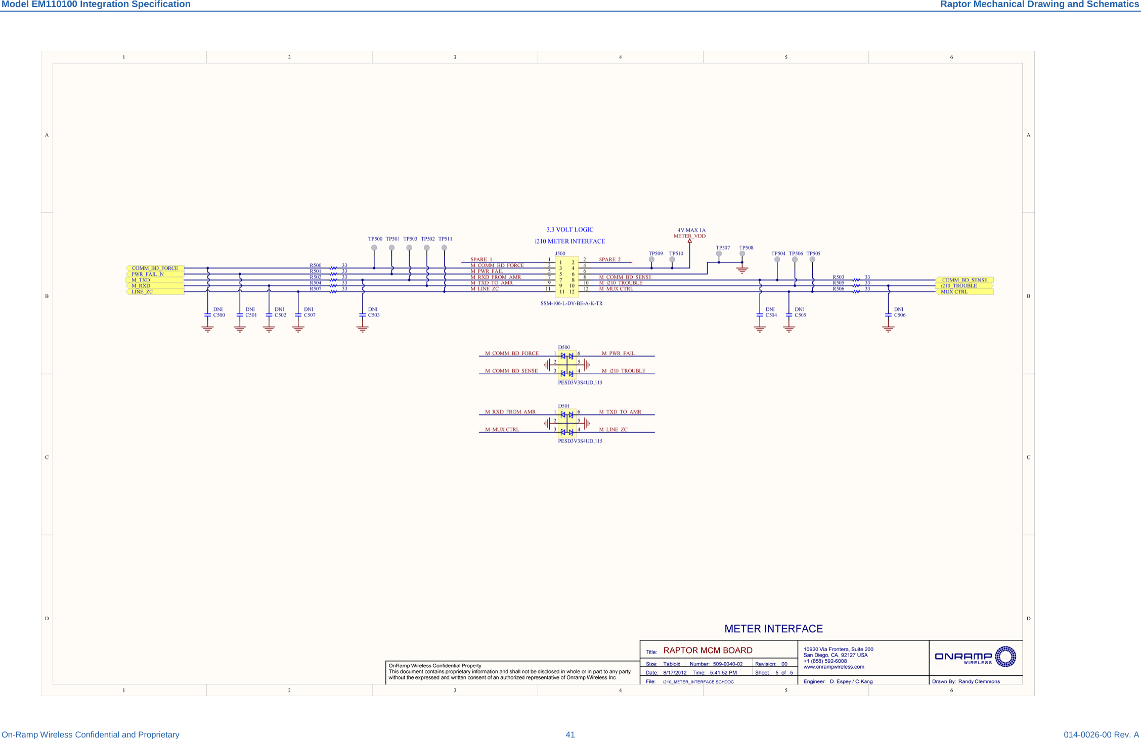 Model EM110100 Integration Specification Raptor Mechanical Drawing and Schematics On-Ramp Wireless Confidential and Proprietary 41 014-0026-00 Rev. A   