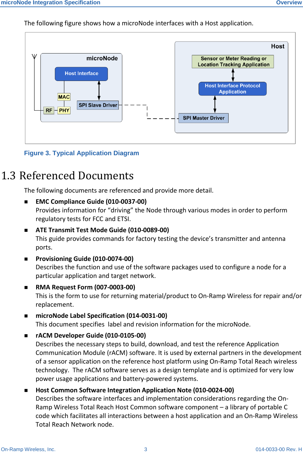 microNode Integration Specification Overview On-Ramp Wireless, Inc.  3  014-0033-00 Rev. H The following figure shows how a microNode interfaces with a Host application.  Figure 3. Typical Application Diagram 1.3 Referenced Documents The following documents are referenced and provide more detail.  EMC Compliance Guide (010-0037-00) Provides information for “driving” the Node through various modes in order to perform regulatory tests for FCC and ETSI.  ATE Transmit Test Mode Guide (010-0089-00) This guide provides commands for factory testing the device’s transmitter and antenna ports.  Provisioning Guide (010-0074-00)  Describes the function and use of the software packages used to configure a node for a particular application and target network.  RMA Request Form (007-0003-00) This is the form to use for returning material/product to On-Ramp Wireless for repair and/or replacement.  microNode Label Specification (014-0031-00) This document specifies  label and revision information for the microNode.  rACM Developer Guide (010-0105-00) Describes the necessary steps to build, download, and test the reference Application Communication Module (rACM) software. It is used by external partners in the development of a sensor application on the reference host platform using On-Ramp Total Reach wireless technology.  The rACM software serves as a design template and is optimized for very low power usage applications and battery-powered systems.  Host Common Software Integration Application Note (010-0024-00) Describes the software interfaces and implementation considerations regarding the On-Ramp Wireless Total Reach Host Common software component – a library of portable C code which facilitates all interactions between a host application and an On-Ramp Wireless Total Reach Network node.   