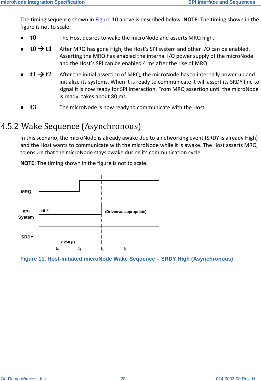 microNode Integration Specification SPI Interface and Sequences On-Ramp Wireless, Inc. 20 014-0033-00 Rev. H The timing sequence shown in Figure 10 above is described below. NOTE: The timing shown in the figure is not to scale.  t0 The Host desires to wake the microNode and asserts MRQ high.  t0  t1 After MRQ has gone High, the Host’s SPI system and other I/O can be enabled. Asserting the MRQ has enabled the internal I/O power supply of the microNode and the Host’s SPI can be enabled 4 ms after the rise of MRQ.  t1  t2 After the initial assertion of MRQ, the microNode has to internally power up and initialize its systems. When it is ready to communicate it will assert its SRDY line to signal it is now ready for SPI interaction. From MRQ assertion until the microNode is ready, takes about 80 ms.  t3 The microNode is now ready to communicate with the Host. 4.5.2 Wake Sequence (Asynchronous) In this scenario, the microNode is already awake due to a networking event (SRDY is already High) and the Host wants to communicate with the microNode while it is awake. The Host asserts MRQ to ensure that the microNode stays awake during its communication cycle. NOTE: The timing shown in the figure is not to scale.  t0t1t2t3SRDYSPI SystemMRQHi-Z (Driven as appropriate)&lt; 250 μs Figure 11. Host-Initiated microNode Wake Sequence – SRDY High (Asynchronous) 