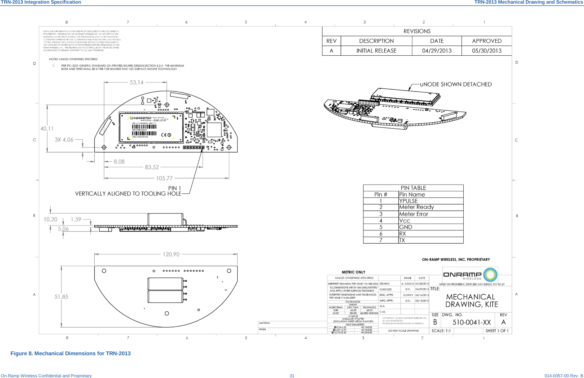 TRN-2013 Integration Specification TRN-2013 Mechanical Drawing and Schematics On-Ramp Wireless Confidential and Proprietary 31 014-0057-00 Rev. B  Figure 8. Mechanical Dimensions for TRN-2013 