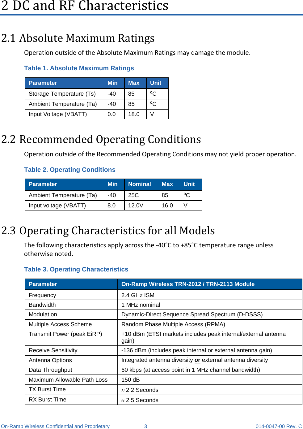  On-Ramp Wireless Confidential and Proprietary  3  014-0047-00 Rev. C 2 DC and RF Characteristics 2.1 Absolute Maximum Ratings Operation outside of the Absolute Maximum Ratings may damage the module.  Table 1. Absolute Maximum Ratings Parameter Min Max Unit Storage Temperature (Ts)  -40 85 ⁰C Ambient Temperature (Ta)  -40 85 ⁰C Input Voltage (VBATT)  0.0 18.0  V 2.2 Recommended Operating Conditions Operation outside of the Recommended Operating Conditions may not yield proper operation. Table 2. Operating Conditions Parameter Min Nominal Max Unit Ambient Temperature (Ta)  -40 25C 85 ⁰C Input voltage (VBATT)  8.0 12.0V  16.0  V 2.3 Operating Characteristics for all Models  The following characteristics apply across the -40°C to +85°C temperature range unless otherwise noted. Table 3. Operating Characteristics Parameter On-Ramp Wireless TRN-2012 / TRN-2113 Module Frequency 2.4 GHz ISM Bandwidth 1 MHz nominal Modulation Dynamic-Direct Sequence Spread Spectrum (D-DSSS) Multiple Access Scheme Random Phase Multiple Access (RPMA) Transmit Power (peak EiRP) +10 dBm (ETSI markets includes peak internal/external antenna gain) Receive Sensitivity  -136 dBm (includes peak internal or external antenna gain) Antenna Options Integrated antenna diversity or external antenna diversity Data Throughput 60 kbps (at access point in 1 MHz channel bandwidth) Maximum Allowable Path Loss 150 dB TX Burst Time ≈ 2.2 Seconds RX Burst Time ≈ 2.5 Seconds 