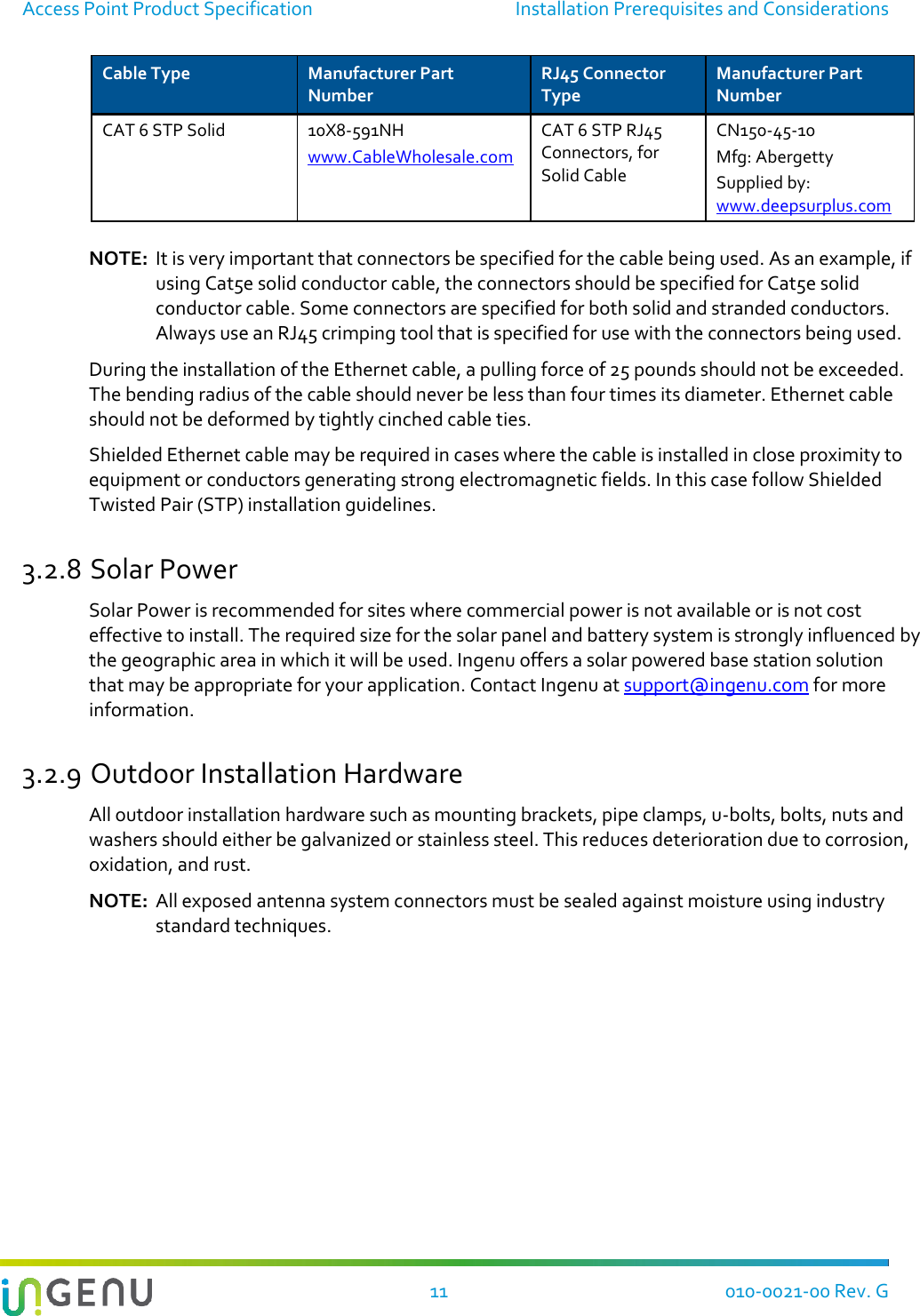 Access Point Product Specification  Installation Prerequisites and Considerations  11 010-0021-00 Rev. G Cable Type Manufacturer Part Number RJ45 Connector Type Manufacturer Part Number CAT 6 STP Solid 10X8-591NH www.CableWholesale.com CAT 6 STP RJ45 Connectors, for Solid Cable CN150-45-10 Mfg: Abergetty Supplied by: www.deepsurplus.com  NOTE:  It is very important that connectors be specified for the cable being used. As an example, if using Cat5e solid conductor cable, the connectors should be specified for Cat5e solid conductor cable. Some connectors are specified for both solid and stranded conductors. Always use an RJ45 crimping tool that is specified for use with the connectors being used. During the installation of the Ethernet cable, a pulling force of 25 pounds should not be exceeded. The bending radius of the cable should never be less than four times its diameter. Ethernet cable should not be deformed by tightly cinched cable ties. Shielded Ethernet cable may be required in cases where the cable is installed in close proximity to equipment or conductors generating strong electromagnetic fields. In this case follow Shielded Twisted Pair (STP) installation guidelines. 3.2.8 Solar Power Solar Power is recommended for sites where commercial power is not available or is not cost effective to install. The required size for the solar panel and battery system is strongly influenced by the geographic area in which it will be used. Ingenu offers a solar powered base station solution that may be appropriate for your application. Contact Ingenu at support@ingenu.com for more information. 3.2.9 Outdoor Installation Hardware All outdoor installation hardware such as mounting brackets, pipe clamps, u-bolts, bolts, nuts and washers should either be galvanized or stainless steel. This reduces deterioration due to corrosion, oxidation, and rust.  NOTE:  All exposed antenna system connectors must be sealed against moisture using industry standard techniques.   