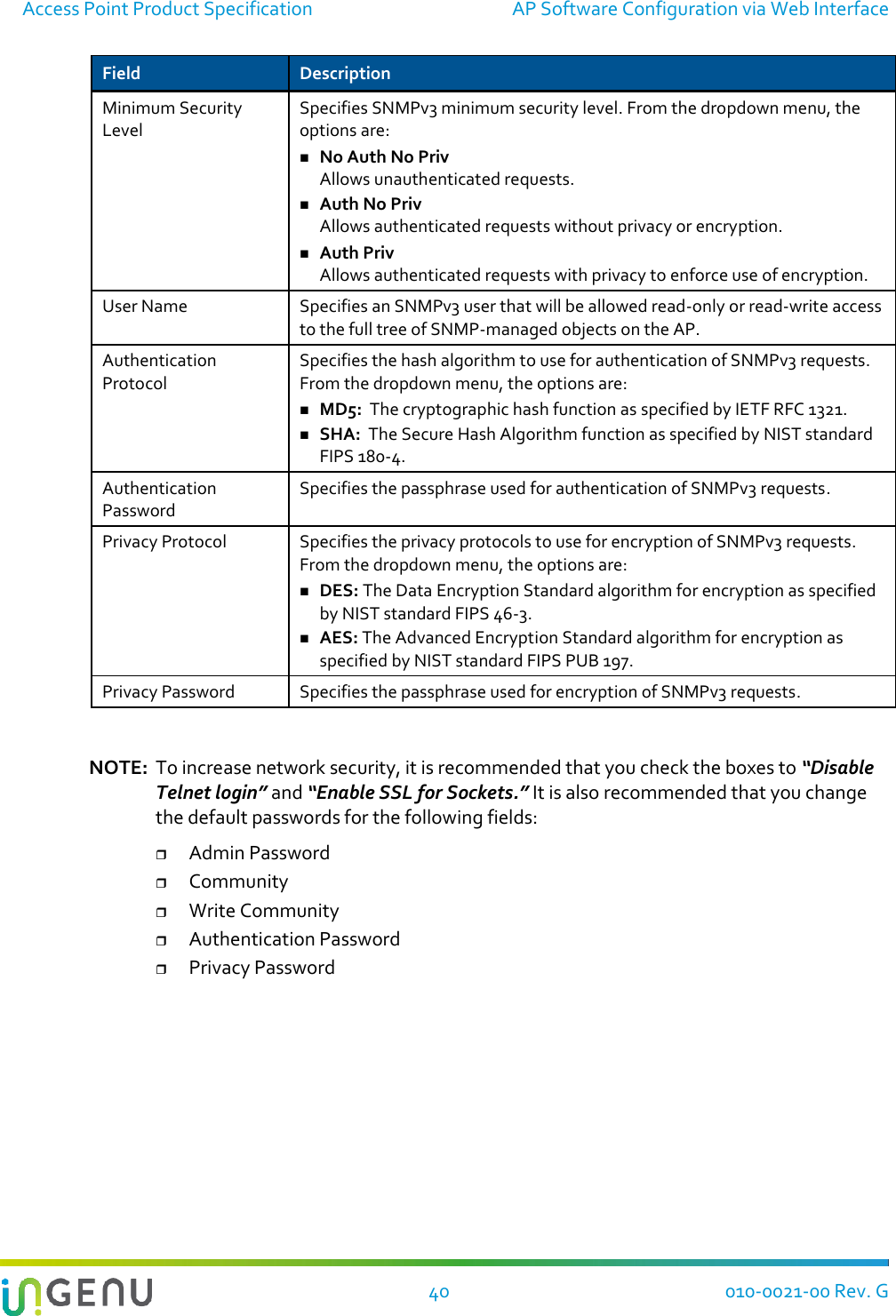 Access Point Product Specification  AP Software Configuration via Web Interface  40 010-0021-00 Rev. G Field Description Minimum Security Level Specifies SNMPv3 minimum security level. From the dropdown menu, the options are:  No Auth No Priv Allows unauthenticated requests.  Auth No Priv Allows authenticated requests without privacy or encryption.  Auth Priv Allows authenticated requests with privacy to enforce use of encryption. User Name Specifies an SNMPv3 user that will be allowed read-only or read-write access to the full tree of SNMP-managed objects on the AP. Authentication Protocol Specifies the hash algorithm to use for authentication of SNMPv3 requests. From the dropdown menu, the options are:  MD5:  The cryptographic hash function as specified by IETF RFC 1321.  SHA:  The Secure Hash Algorithm function as specified by NIST standard FIPS 180-4. Authentication Password Specifies the passphrase used for authentication of SNMPv3 requests. Privacy Protocol Specifies the privacy protocols to use for encryption of SNMPv3 requests. From the dropdown menu, the options are:  DES: The Data Encryption Standard algorithm for encryption as specified by NIST standard FIPS 46-3.  AES: The Advanced Encryption Standard algorithm for encryption as specified by NIST standard FIPS PUB 197. Privacy Password Specifies the passphrase used for encryption of SNMPv3 requests.  NOTE:  To increase network security, it is recommended that you check the boxes to “Disable Telnet login” and “Enable SSL for Sockets.” It is also recommended that you change the default passwords for the following fields:  Admin Password  Community  Write Community  Authentication Password  Privacy Password   