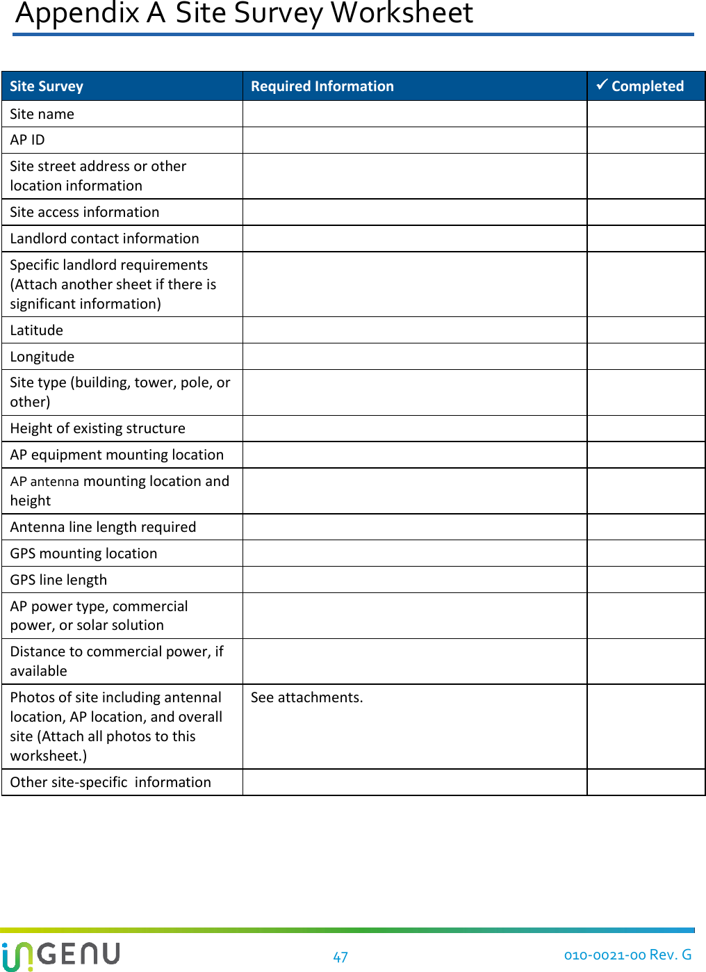   47 010-0021-00 Rev. G Appendix A Site Survey Worksheet Site Survey Required Information  Completed Site name   AP ID   Site street address or other location information   Site access information   Landlord contact information   Specific landlord requirements  (Attach another sheet if there is significant information)   Latitude   Longitude   Site type (building, tower, pole, or other)   Height of existing structure   AP equipment mounting location   AP antenna mounting location and height   Antenna line length required   GPS mounting location   GPS line length   AP power type, commercial power, or solar solution   Distance to commercial power, if available   Photos of site including antennal location, AP location, and overall site (Attach all photos to this worksheet.) See attachments.  Other site-specific  information    