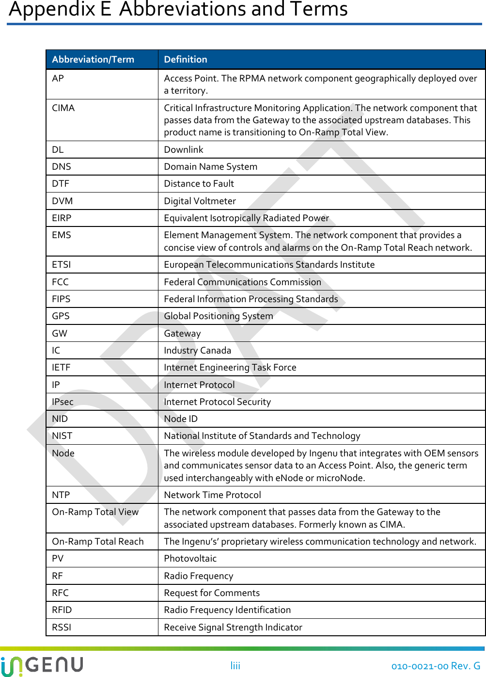   liii 010-0021-00 Rev. G Appendix E Abbreviations and Terms Abbreviation/Term Definition AP Access Point. The RPMA network component geographically deployed over a territory. CIMA Critical Infrastructure Monitoring Application. The network component that passes data from the Gateway to the associated upstream databases. This product name is transitioning to On-Ramp Total View. DL Downlink DNS Domain Name System DTF Distance to Fault DVM Digital Voltmeter EIRP Equivalent Isotropically Radiated Power EMS Element Management System. The network component that provides a concise view of controls and alarms on the On-Ramp Total Reach network. ETSI European Telecommunications Standards Institute FCC Federal Communications Commission FIPS Federal Information Processing Standards GPS Global Positioning System GW Gateway IC Industry Canada IETF Internet Engineering Task Force IP Internet Protocol IPsec Internet Protocol Security NID Node ID NIST National Institute of Standards and Technology Node The wireless module developed by Ingenu that integrates with OEM sensors and communicates sensor data to an Access Point. Also, the generic term used interchangeably with eNode or microNode. NTP Network Time Protocol On-Ramp Total View The network component that passes data from the Gateway to the associated upstream databases. Formerly known as CIMA. On-Ramp Total Reach The Ingenu’s’ proprietary wireless communication technology and network.  PV Photovoltaic RF Radio Frequency RFC Request for Comments RFID Radio Frequency Identification RSSI Receive Signal Strength Indicator 