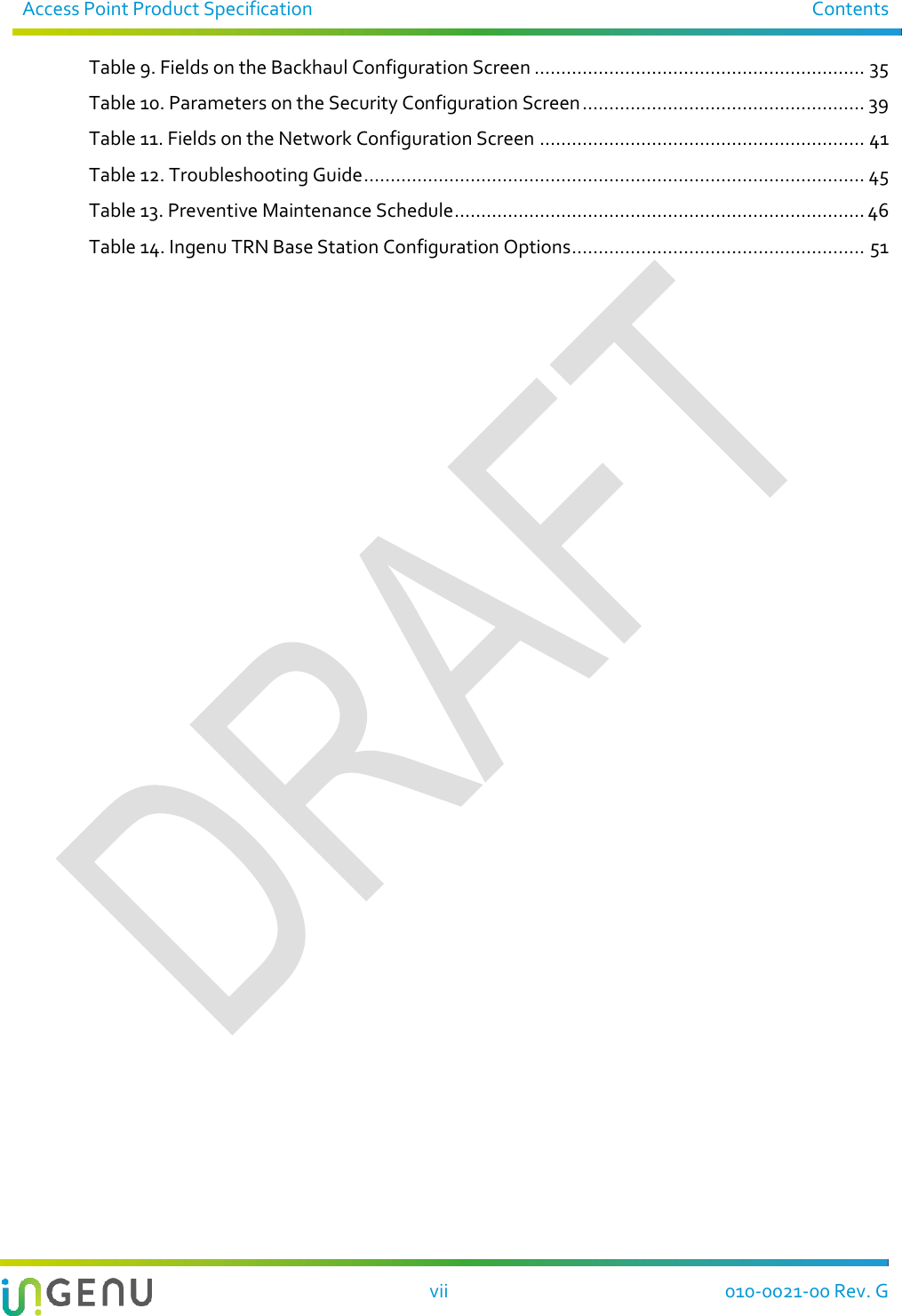 Access Point Product Specification  Contents   vii  010-0021-00 Rev. G Table 9. Fields on the Backhaul Configuration Screen .............................................................. 35 Table 10. Parameters on the Security Configuration Screen ..................................................... 39 Table 11. Fields on the Network Configuration Screen ............................................................. 41 Table 12. Troubleshooting Guide .............................................................................................. 45 Table 13. Preventive Maintenance Schedule ............................................................................. 46 Table 14. Ingenu TRN Base Station Configuration Options ....................................................... 51  