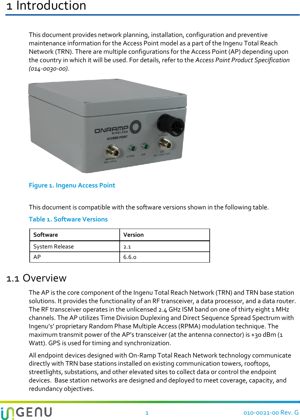    1  010-0021-00 Rev. G 1 Introduction This document provides network planning, installation, configuration and preventive maintenance information for the Access Point model as a part of the Ingenu Total Reach Network (TRN). There are multiple configurations for the Access Point (AP) depending upon the country in which it will be used. For details, refer to the Access Point Product Specification (014-0030-00).  Figure 1. Ingenu Access Point  This document is compatible with the software versions shown in the following table. Table 1. Software Versions Software Version System Release 2.1 AP 6.6.0  1.1 Overview The AP is the core component of the Ingenu Total Reach Network (TRN) and TRN base station solutions. It provides the functionality of an RF transceiver, a data processor, and a data router. The RF transceiver operates in the unlicensed 2.4 GHz ISM band on one of thirty eight 1 MHz channels. The AP utilizes Time Division Duplexing and Direct Sequence Spread Spectrum with Ingenu’s’ proprietary Random Phase Multiple Access (RPMA) modulation technique. The maximum transmit power of the AP’s transceiver (at the antenna connector) is +30 dBm (1 Watt). GPS is used for timing and synchronization. All endpoint devices designed with On-Ramp Total Reach Network technology communicate directly with TRN base stations installed on existing communication towers, rooftops, streetlights, substations, and other elevated sites to collect data or control the endpoint devices.  Base station networks are designed and deployed to meet coverage, capacity, and redundancy objectives. 