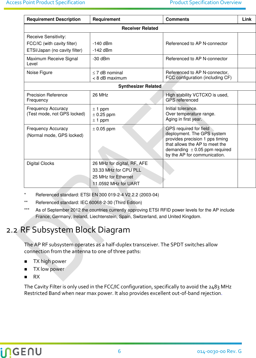 Access Point Product Specification  Product Specification Overview   6  014-0030-00 Rev. G Requirement Description Requirement Comments Link Receiver Related Receive Sensitivity: FCC/IC (with cavity filter) ETSI/Japan (no cavity filter)  -140 dBm -142 dBm Referenced to AP N-connector  Maximum Receive Signal Level -30 dBm Referenced to AP N-connector  Noise Figure  7 dB nominal &lt; 8 dB maximum Referenced to AP N-connector, FCC configuration (including CF)  Synthesizer Related Precision Reference Frequency 26 MHz High stability VCTCXO is used, GPS referenced  Frequency Accuracy (Test mode, not GPS locked)  1 ppm  0.25 ppm  1 ppm Initial tolerance. Over temperature range. Aging in first year.  Frequency Accuracy (Normal mode, GPS locked)  0.05 ppm GPS required for field deployment. The GPS system provides precision 1 pps timing that allows the AP to meet the demanding   0.05 ppm required by the AP for communication.  Digital Clocks 26 MHz for digital, RF, AFE 33.33 MHz for CPU PLL 25 MHz for Ethernet 11.0592 MHz for UART   *  Referenced standard: ETSI EN 300 019-2-4 V2.2.2 (2003-04) **  Referenced standard: IEC 60068-2-30 (Third Edition) ***   As of September 2012 the countries currently approving ETSI RFID power levels for the AP include France, Germany, Ireland, Liechtenstein, Spain, Switzerland, and United Kingdom. 2.2 RF Subsystem Block Diagram The AP RF subsystem operates as a half-duplex transceiver. The SPDT switches allow connection from the antenna to one of three paths:   TX high power   TX low power   RX The Cavity Filter is only used in the FCC/IC configuration, specifically to avoid the 2483 MHz Restricted Band when near max power. It also provides excellent out-of-band rejection. 