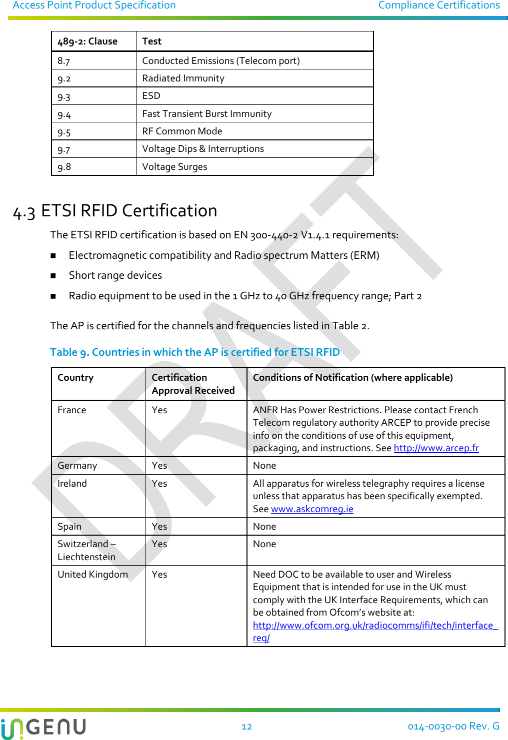 Access Point Product Specification  Compliance Certifications  12  014-0030-00 Rev. G 489-2: Clause Test 8.7 Conducted Emissions (Telecom port) 9.2 Radiated Immunity 9.3 ESD 9.4 Fast Transient Burst Immunity 9.5 RF Common Mode 9.7 Voltage Dips &amp; Interruptions 9.8 Voltage Surges  4.3 ETSI RFID Certification The ETSI RFID certification is based on EN 300-440-2 V1.4.1 requirements:   Electromagnetic compatibility and Radio spectrum Matters (ERM)  Short range devices  Radio equipment to be used in the 1 GHz to 40 GHz frequency range; Part 2  The AP is certified for the channels and frequencies listed in Table 2. Table 9. Countries in which the AP is certified for ETSI RFID Country Certification Approval Received Conditions of Notification (where applicable) France Yes ANFR Has Power Restrictions. Please contact French Telecom regulatory authority ARCEP to provide precise info on the conditions of use of this equipment, packaging, and instructions. See http://www.arcep.fr Germany Yes None Ireland Yes All apparatus for wireless telegraphy requires a license unless that apparatus has been specifically exempted. See www.askcomreg.ie  Spain Yes None Switzerland –Liechtenstein Yes None United Kingdom Yes Need DOC to be available to user and Wireless Equipment that is intended for use in the UK must comply with the UK Interface Requirements, which can be obtained from Ofcom’s website at:  http://www.ofcom.org.uk/radiocomms/ifi/tech/interface_req/  