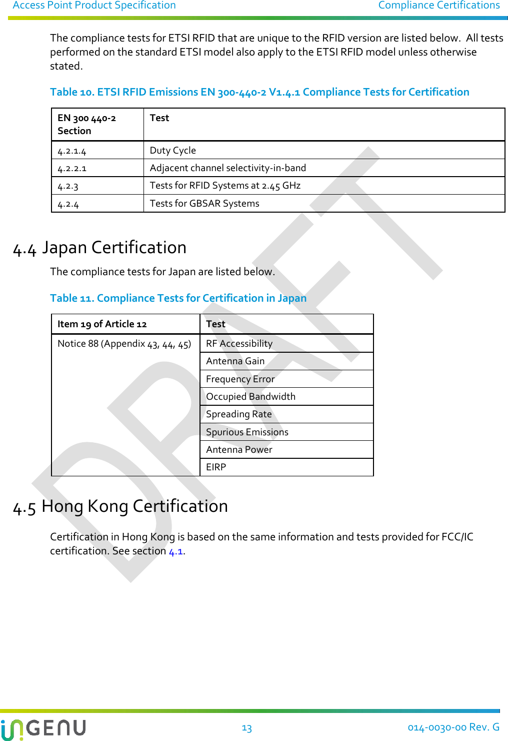 Access Point Product Specification  Compliance Certifications  13  014-0030-00 Rev. G The compliance tests for ETSI RFID that are unique to the RFID version are listed below.  All tests performed on the standard ETSI model also apply to the ETSI RFID model unless otherwise stated. Table 10. ETSI RFID Emissions EN 300-440-2 V1.4.1 Compliance Tests for Certification EN 300 440-2 Section Test 4.2.1.4 Duty Cycle 4.2.2.1 Adjacent channel selectivity-in-band 4.2.3 Tests for RFID Systems at 2.45 GHz 4.2.4 Tests for GBSAR Systems  4.4 Japan Certification The compliance tests for Japan are listed below. Table 11. Compliance Tests for Certification in Japan Item 19 of Article 12 Test Notice 88 (Appendix 43, 44, 45) RF Accessibility Antenna Gain Frequency Error Occupied Bandwidth Spreading Rate Spurious Emissions Antenna Power EIRP  4.5 Hong Kong Certification Certification in Hong Kong is based on the same information and tests provided for FCC/IC certification. See section 4.1.   