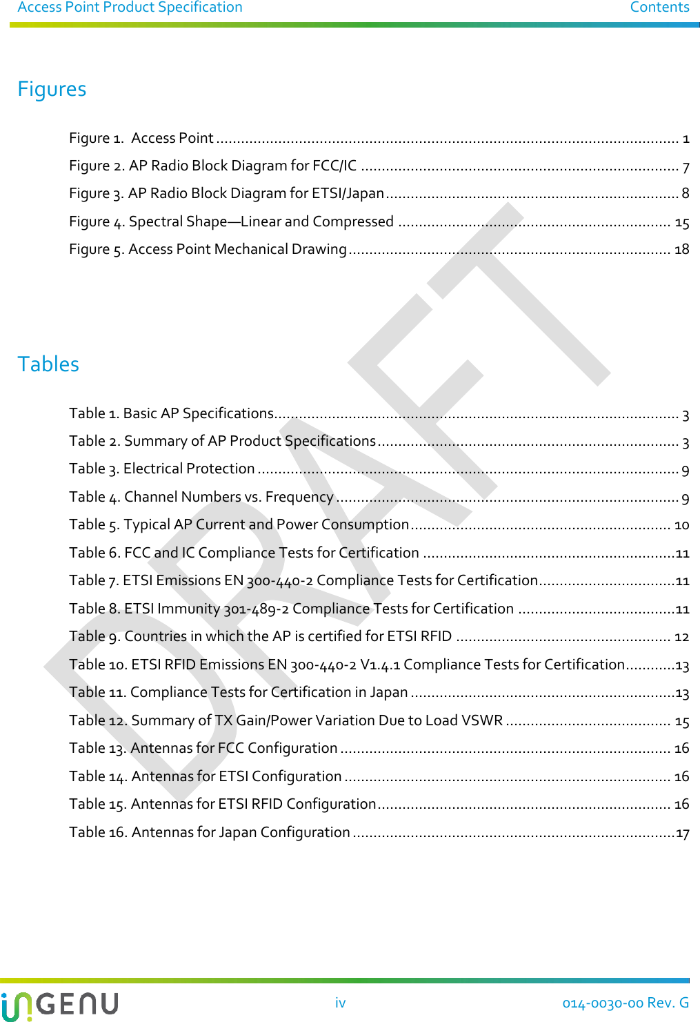 Access Point Product Specification  Contents  iv  014-0030-00 Rev. G Figures Figure 1.  Access Point ................................................................................................................ 1 Figure 2. AP Radio Block Diagram for FCC/IC ............................................................................. 7 Figure 3. AP Radio Block Diagram for ETSI/Japan ....................................................................... 8 Figure 4. Spectral Shape—Linear and Compressed .................................................................. 15 Figure 5. Access Point Mechanical Drawing .............................................................................. 18   Tables Table 1. Basic AP Specifications.................................................................................................. 3 Table 2. Summary of AP Product Specifications ......................................................................... 3 Table 3. Electrical Protection ...................................................................................................... 9 Table 4. Channel Numbers vs. Frequency ................................................................................... 9 Table 5. Typical AP Current and Power Consumption ............................................................... 10 Table 6. FCC and IC Compliance Tests for Certification ............................................................. 11 Table 7. ETSI Emissions EN 300-440-2 Compliance Tests for Certification ................................. 11 Table 8. ETSI Immunity 301-489-2 Compliance Tests for Certification ...................................... 11 Table 9. Countries in which the AP is certified for ETSI RFID .................................................... 12 Table 10. ETSI RFID Emissions EN 300-440-2 V1.4.1 Compliance Tests for Certification ............ 13 Table 11. Compliance Tests for Certification in Japan ................................................................ 13 Table 12. Summary of TX Gain/Power Variation Due to Load VSWR ........................................ 15 Table 13. Antennas for FCC Configuration ................................................................................ 16 Table 14. Antennas for ETSI Configuration ............................................................................... 16 Table 15. Antennas for ETSI RFID Configuration ....................................................................... 16 Table 16. Antennas for Japan Configuration .............................................................................. 17  