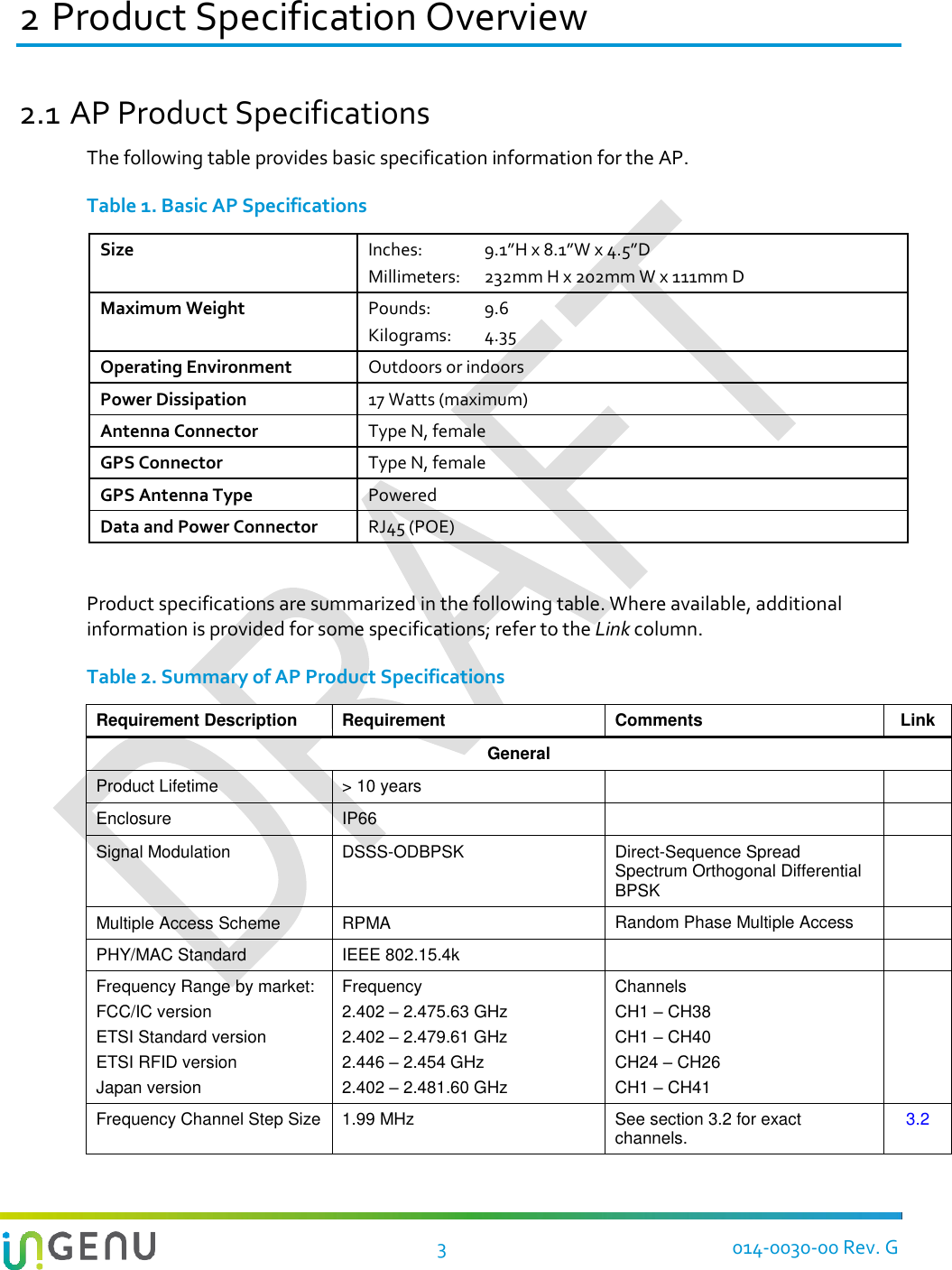    3  014-0030-00 Rev. G 2 Product Specification Overview 2.1 AP Product Specifications The following table provides basic specification information for the AP. Table 1. Basic AP Specifications Size Inches:   9.1”H x 8.1”W x 4.5”D  Millimeters:  232mm H x 202mm W x 111mm D Maximum Weight Pounds:  9.6 Kilograms:  4.35 Operating Environment Outdoors or indoors Power Dissipation 17 Watts (maximum) Antenna Connector Type N, female GPS Connector Type N, female GPS Antenna Type Powered Data and Power Connector RJ45 (POE)  Product specifications are summarized in the following table. Where available, additional information is provided for some specifications; refer to the Link column. Table 2. Summary of AP Product Specifications Requirement Description Requirement Comments Link General Product Lifetime &gt; 10 years   Enclosure IP66   Signal Modulation DSSS-ODBPSK Direct-Sequence Spread Spectrum Orthogonal Differential BPSK  Multiple Access Scheme RPMA Random Phase Multiple Access  PHY/MAC Standard IEEE 802.15.4k   Frequency Range by market: FCC/IC version ETSI Standard version ETSI RFID version Japan version Frequency 2.402 – 2.475.63 GHz  2.402 – 2.479.61 GHz 2.446 – 2.454 GHz 2.402 – 2.481.60 GHz Channels CH1 – CH38 CH1 – CH40 CH24 – CH26 CH1 – CH41  Frequency Channel Step Size 1.99 MHz See section 3.2 for exact channels. 3.2 