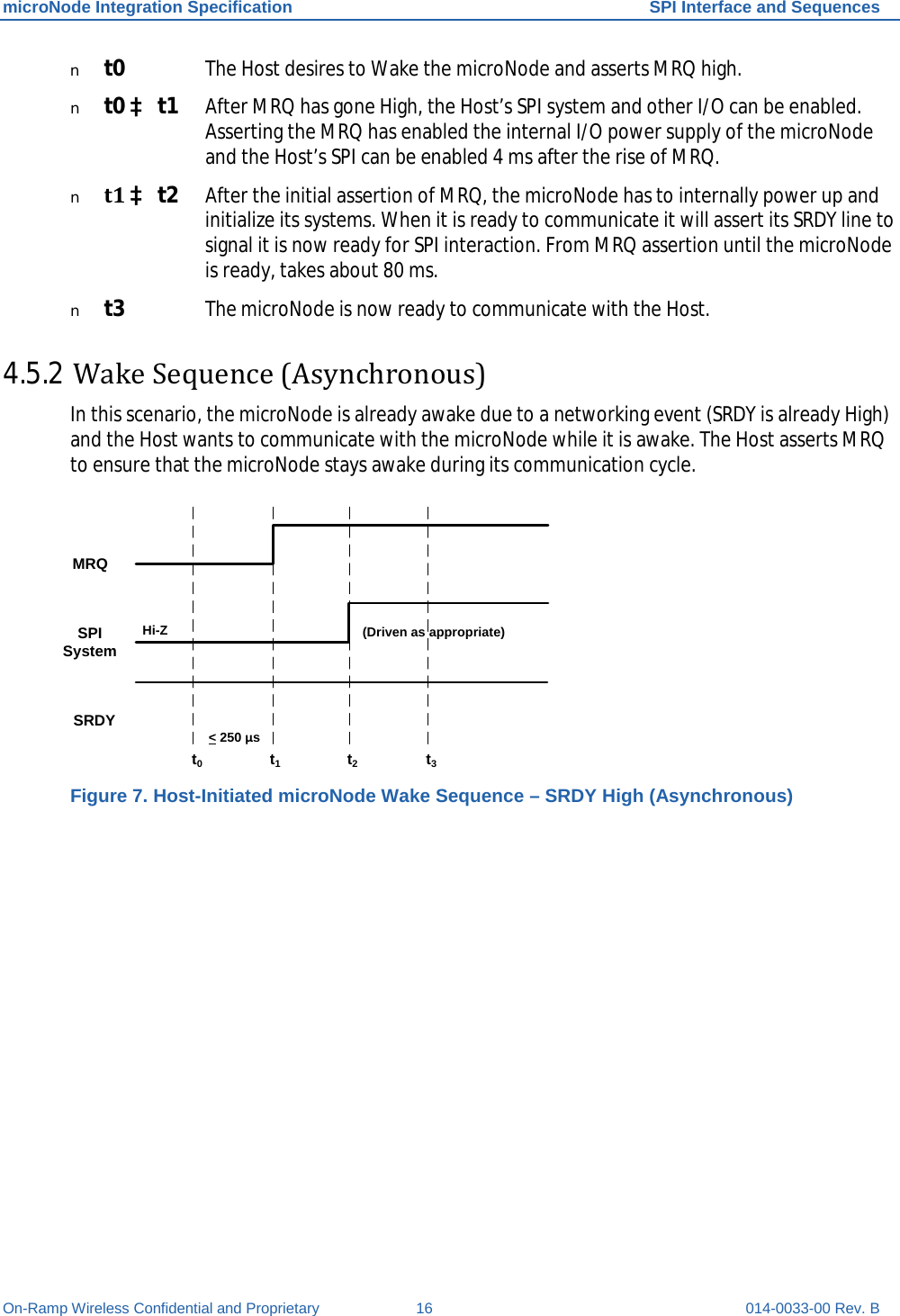 microNode Integration Specification SPI Interface and Sequences On-Ramp Wireless Confidential and Proprietary 16 014-0033-00 Rev. B n t0 The Host desires to Wake the microNode and asserts MRQ high. n t0 à t1 After MRQ has gone High, the Host’s SPI system and other I/O can be enabled. Asserting the MRQ has enabled the internal I/O power supply of the microNode and the Host’s SPI can be enabled 4 ms after the rise of MRQ. n t1 à t2 After the initial assertion of MRQ, the microNode has to internally power up and initialize its systems. When it is ready to communicate it will assert its SRDY line to signal it is now ready for SPI interaction. From MRQ assertion until the microNode is ready, takes about 80 ms. n t3 The microNode is now ready to communicate with the Host. 4.5.2 Wake Sequence (Asynchronous) In this scenario, the microNode is already awake due to a networking event (SRDY is already High) and the Host wants to communicate with the microNode while it is awake. The Host asserts MRQ to ensure that the microNode stays awake during its communication cycle.  t0t1t2t3SRDYSPI SystemMRQHi-Z (Driven as appropriate)&lt; 250 μs Figure 7. Host-Initiated microNode Wake Sequence – SRDY High (Asynchronous) 