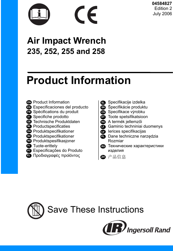 Ingersoll Rand 252 Users Manual Product Information Manual, 235, 252, 255 And 258, Air Impact Wrench