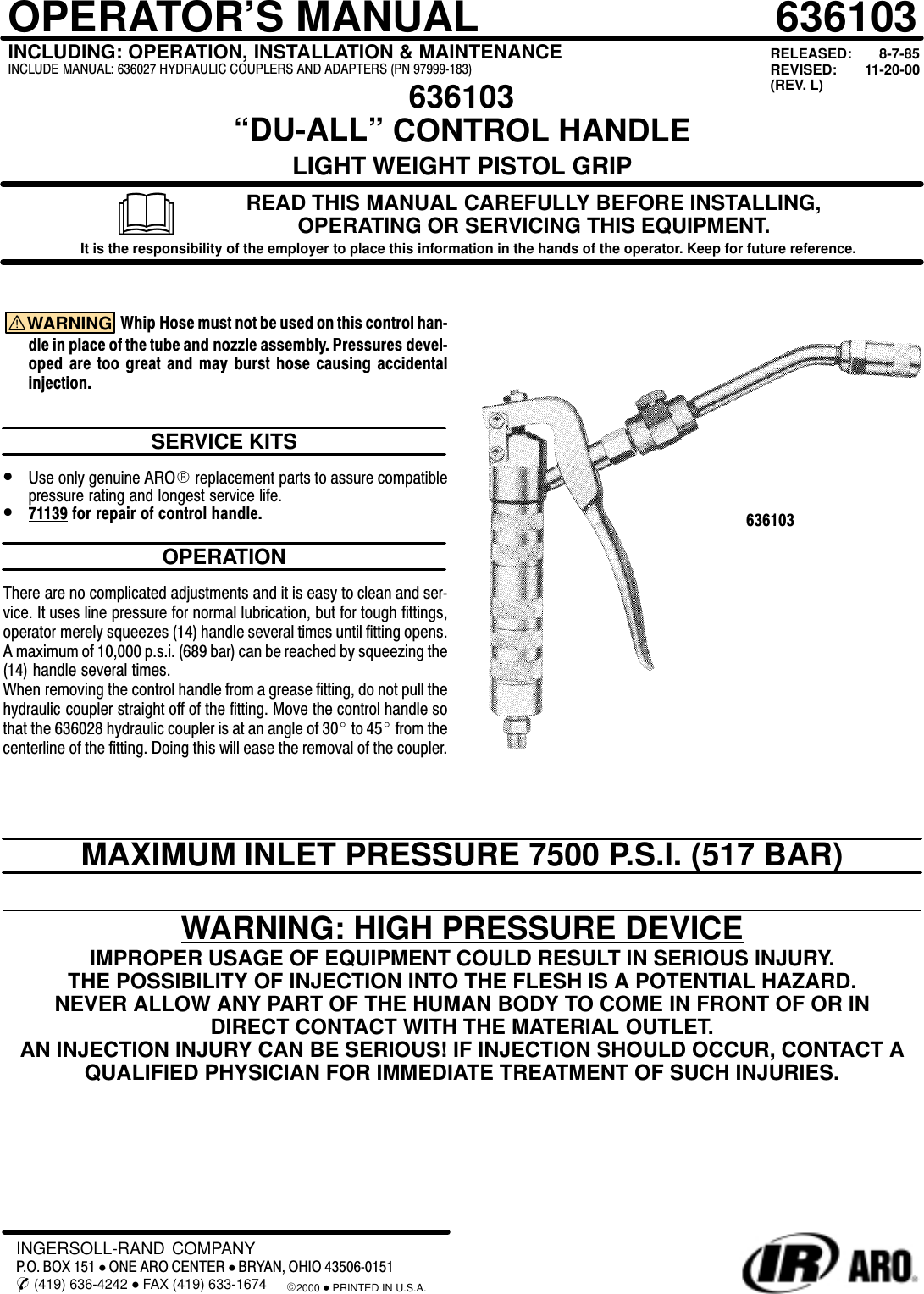 Page 1 of 4 - Ingersoll-Rand Ingersoll-Rand-Du-All-Control-Handle-636103-Users-Manual-  Ingersoll-rand-du-all-control-handle-636103-users-manual