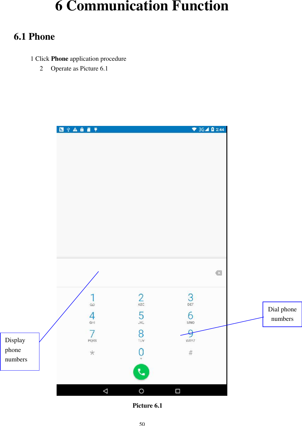      50 6 Communication Function 6.1 Phone 1 Click Phone application procedure 2 Operate as Picture 6.1       Picture 6.1 Display phone numbers Dial phone numbers 