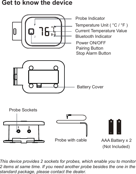 Get to know the devicePower ON/OFF Pairing ButtonStop Alarm ButtonTemperature Unit ( °C / °F )1Probe IndicatorBluetooth IndicatorProbe SocketsBattery Cover1 2AAA Battery x 2Probe with cableThis device provides 2 sockets for probes, which enable you to monitor 2 items at same time. If you need another probe besides the one in the standard package, please contact the dealer.2Current Temperature Value(Not Included)