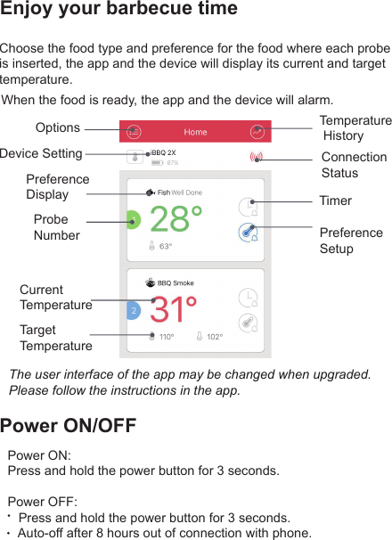 Enjoy your barbecue timePower ON/OFFOptions  Temperature  HistoryPreference Display  Probe Number Current TemperatureTarget Temperature Connection  StatusTimer Preference  SetupChoose the food type and preference for the food where each probe is inserted, the app and the device will display its current and target temperature.The user interface of the app may be changed when upgraded.Please follow the instructions in the app.Power ON: Press and hold the power button for 3 seconds.Power OFF:    Press and hold the power button for 3 seconds.   Auto-off after 8 hours out of connection with phone.When the food is ready, the app and the device will alarm.Device Setting