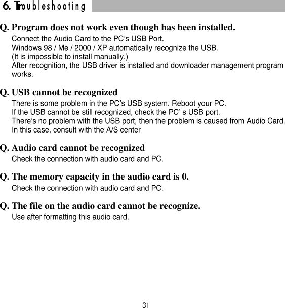 Q. Program does not work even though has been installed.Q. USB cannot be recognizedQ. Audio card cannot be recognizedQ. The memory capacity in the audio card is 0.Q. The file on the audio card cannot be recognize. 