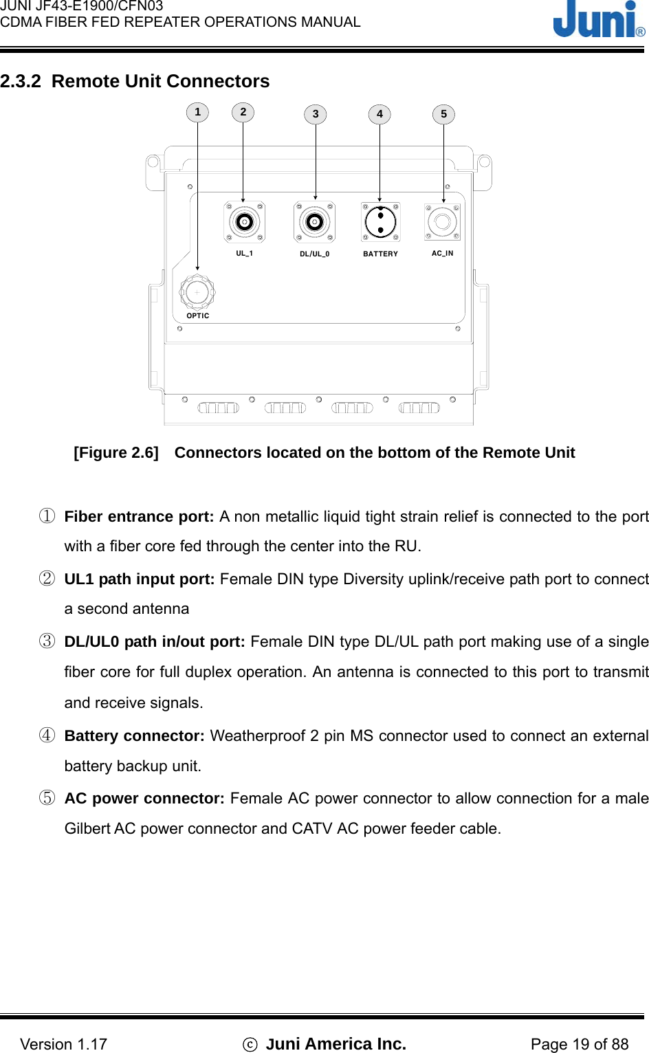  JUNI JF43-E1900/CFN03 CDMA FIBER FED REPEATER OPERATIONS MANUAL                                    Version 1.17  ⓒ Juni America Inc. Page 19 of 88 2.3.2  Remote Unit Connectors BATTERYOPTICUL_1 DL/UL_0 AC_IN1 2 345 [Figure 2.6]    Connectors located on the bottom of the Remote Unit  ①  Fiber entrance port: A non metallic liquid tight strain relief is connected to the port with a fiber core fed through the center into the RU. ②  UL1 path input port: Female DIN type Diversity uplink/receive path port to connect a second antenna ③  DL/UL0 path in/out port: Female DIN type DL/UL path port making use of a single fiber core for full duplex operation. An antenna is connected to this port to transmit and receive signals. ④  Battery connector: Weatherproof 2 pin MS connector used to connect an external battery backup unit. ⑤  AC power connector: Female AC power connector to allow connection for a male Gilbert AC power connector and CATV AC power feeder cable.  