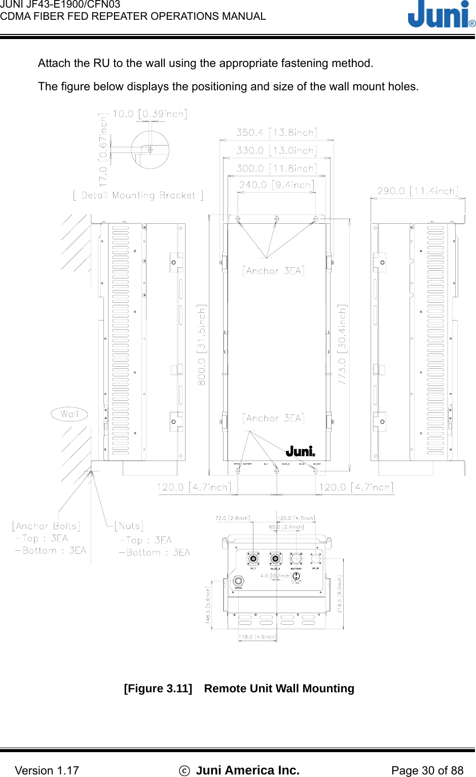  JUNI JF43-E1900/CFN03 CDMA FIBER FED REPEATER OPERATIONS MANUAL                                    Version 1.17  ⓒ Juni America Inc. Page 30 of 88 Attach the RU to the wall using the appropriate fastening method. The figure below displays the positioning and size of the wall mount holes. DL/UL_0OPTICUL_1 AC_INBATTERYBATTERYOPTIC UL_1 DL/ UL_0 AC_OUTAC_IN  [Figure 3.11]    Remote Unit Wall Mounting 